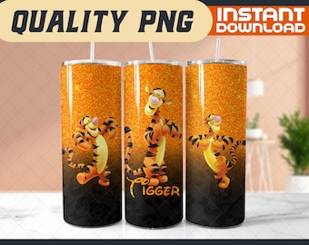 Glitter Tigger 20oz Tumbler Wrap – Cartoon Characters Tigger Tumbler Sublimation PNG (Digital File)
