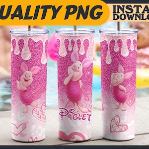Glitter Piglet Tumbler Wrap Sublimation Designs PNG – 20oz Skinny, Cartoon Characters Tumbler Wrap, Digital File, Gift for Cartoon Lover