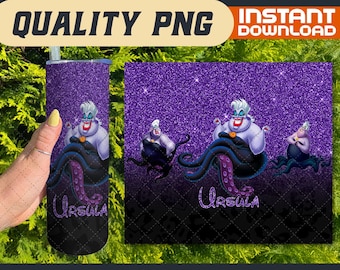 Ursula Tumbler Wrap, Glitter Cartoon Characters 20oz Skinny Sublimation PNG (Digital Download)