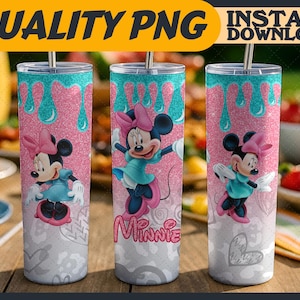 Sublimation de papier d'emballage pour verre à paillettes Minnie PNG – 20 oz maigre, papier peint pour verre de personnages de dessins animés, fichier numérique, cadeau pour amateur de dessins animés
