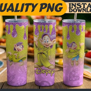 May include: A purple and green glitter tumbler with a graphic of Dopey from Snow White. The tumbler has a purple background with white hearts and a green glitter drip effect. The graphic of Dopey is in the center of the tumbler and is surrounded by a white circle with the word "Dopey" written in black.