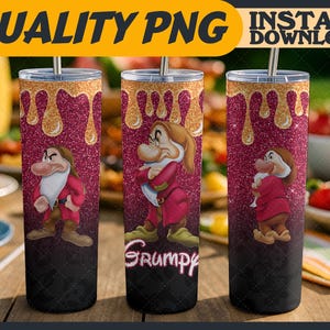 May include: Three glitter-covered tumblers featuring the character Grumpy from Snow White. Each tumbler has a red and black design with a gold dripping effect at the top. The word "Grumpy" is written on one tumbler.