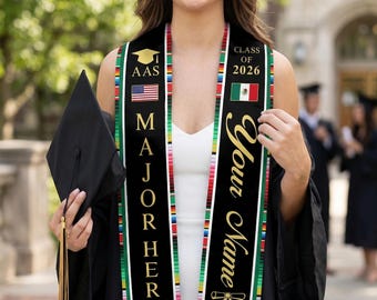 Personalized Mexican Graduation Stole, Class of 2026 Sash, Custom Name Flag Gift