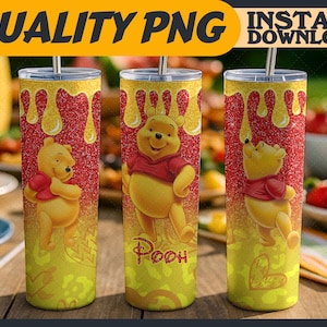 Diseños PNG de sublimación para envoltorios de vaso con purpurina de Winnie the Pooh (20 oz), delgados, con personajes de dibujos animados, archivo digital, regalo para amantes de los dibujos animados.