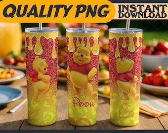 Glitter Puh Tumbler Wrap Sublimeringsdesigner PNG – 20oz Skinny, Seriefigurer Puh Tumbler Wrap, Digital Fil, Gåva för Serieälskare