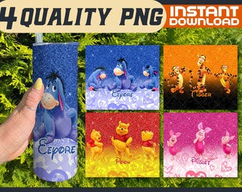 Glitter Pooh 20oz Skinny Tumbler Wrap PNG Bundle, Cartoon Characters Pooh Eeyore Tigger Piglet Tumbler Wrap, Gift for Cartoon Lover
