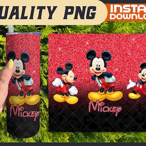 May include: Red glitter tumbler featuring Mickey Mouse in a classic pose, with the word "Mickey" in a script font. The design is repeated on a red and black background. The words "QUALITY PNG" and "INSTANT DOWNLOAD" are at the top.