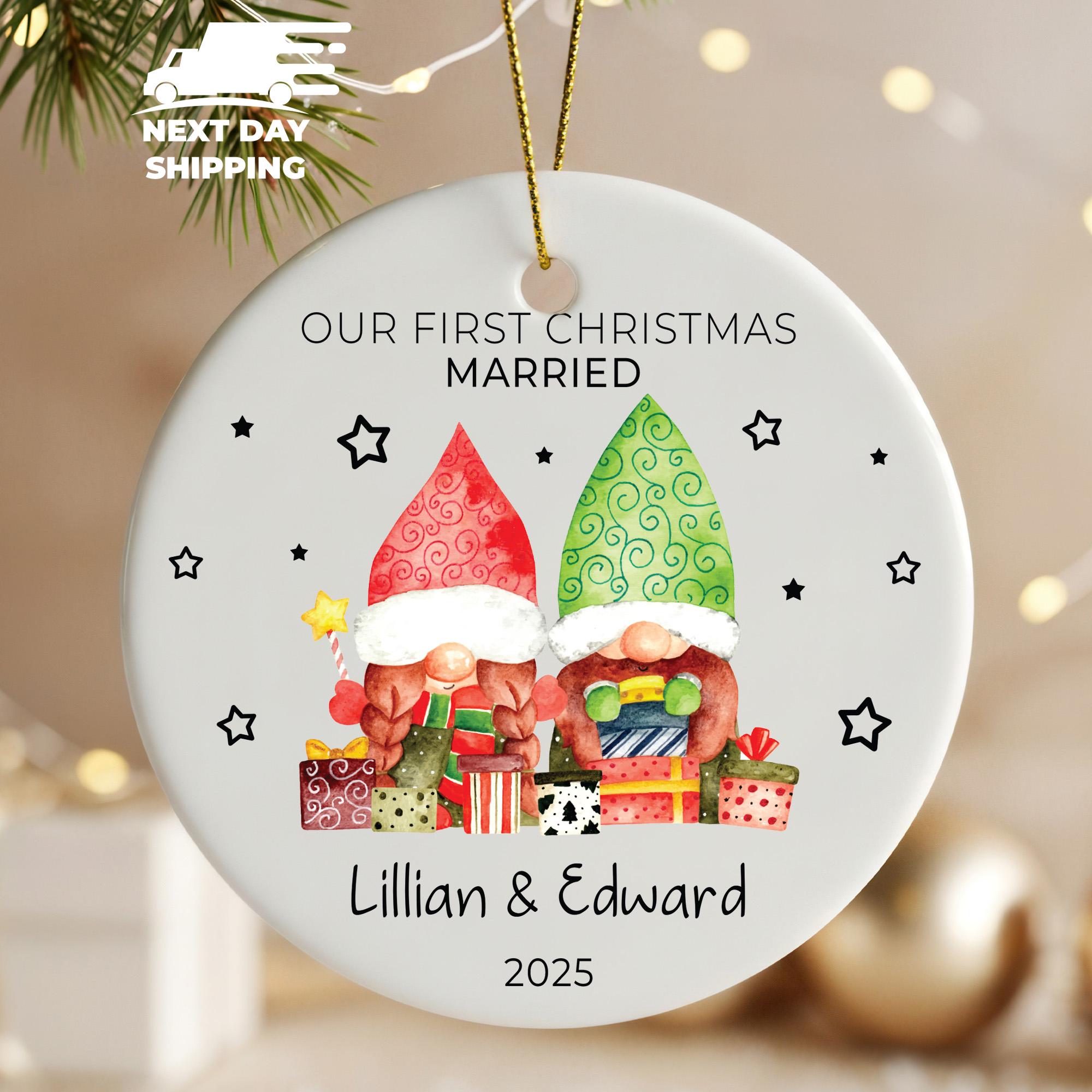 Our First Christmas Married Ornament 2025 • Personalized Newlywed Gnome Couple Gift • Custom Name Christmas Decoration • Holiday Keepsake