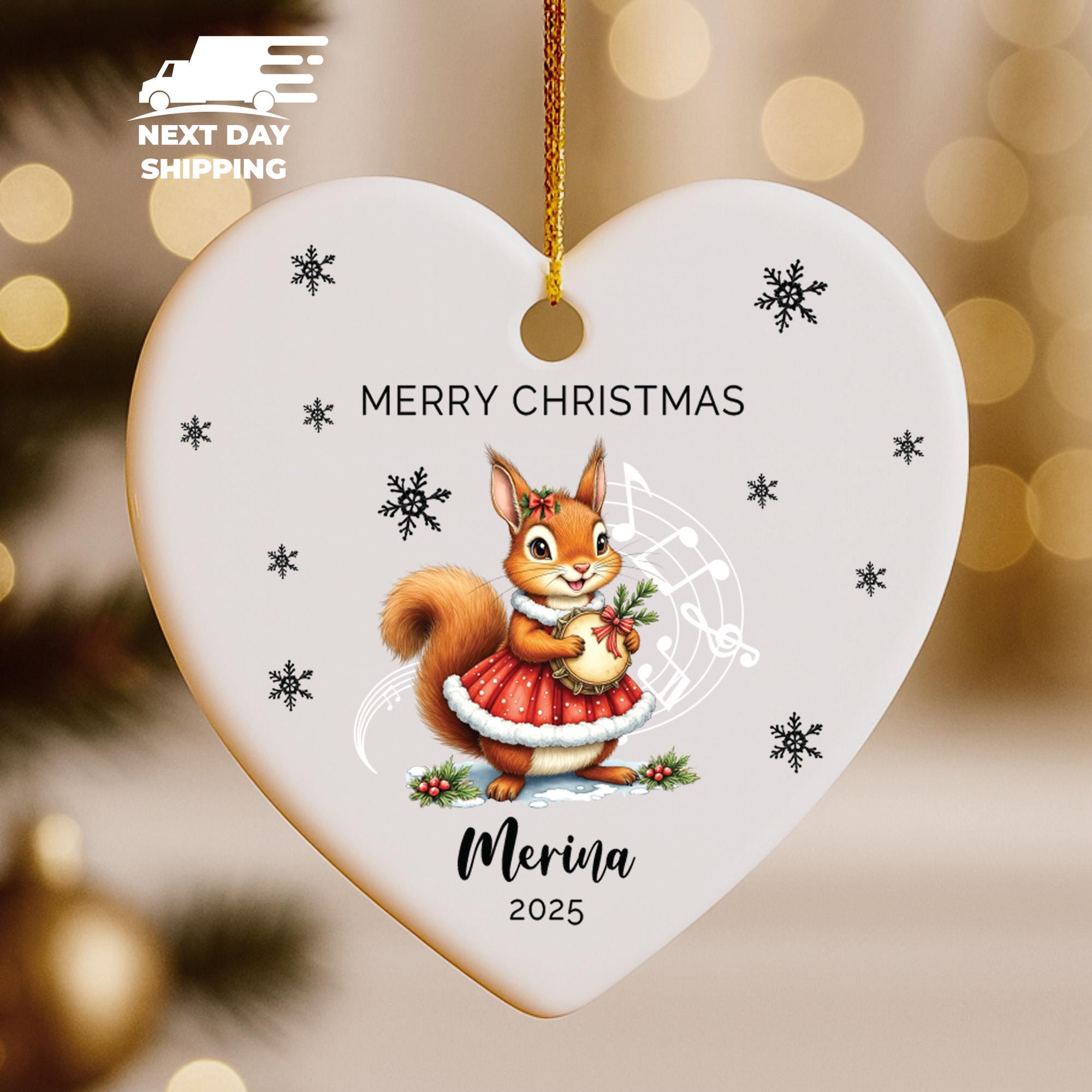 Cute Squirrel Christmas Ornament, Personalized Merry Christmas 2025 Ornament, Custom Name Holiday Gift, Kids Animal Music Tree Decor