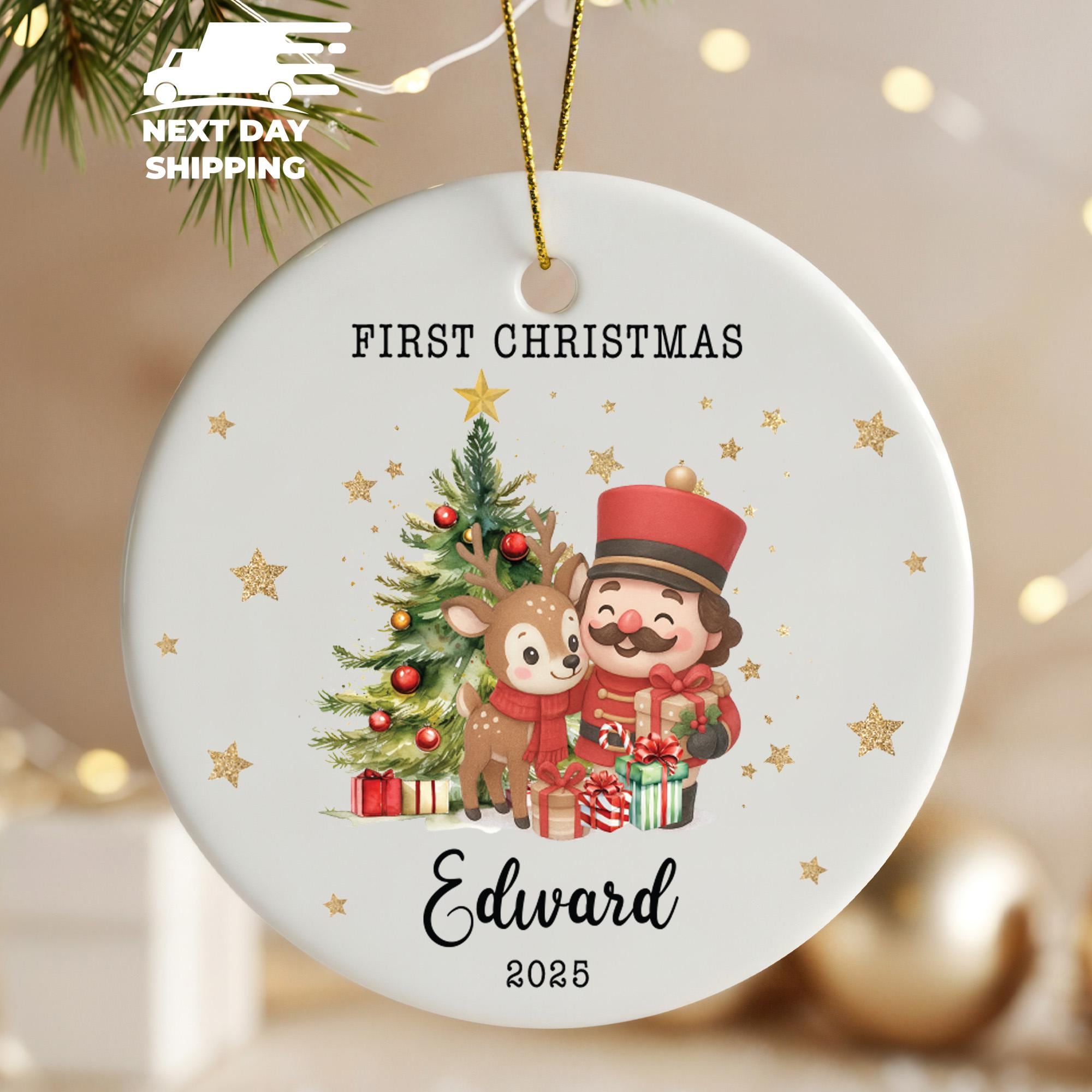 Custom Name Nutcracker and Fawn Ornament, Baby First Christmas Ornament, Personalized Christmas Ornament, Christmas Keepsake, Newborn Gift