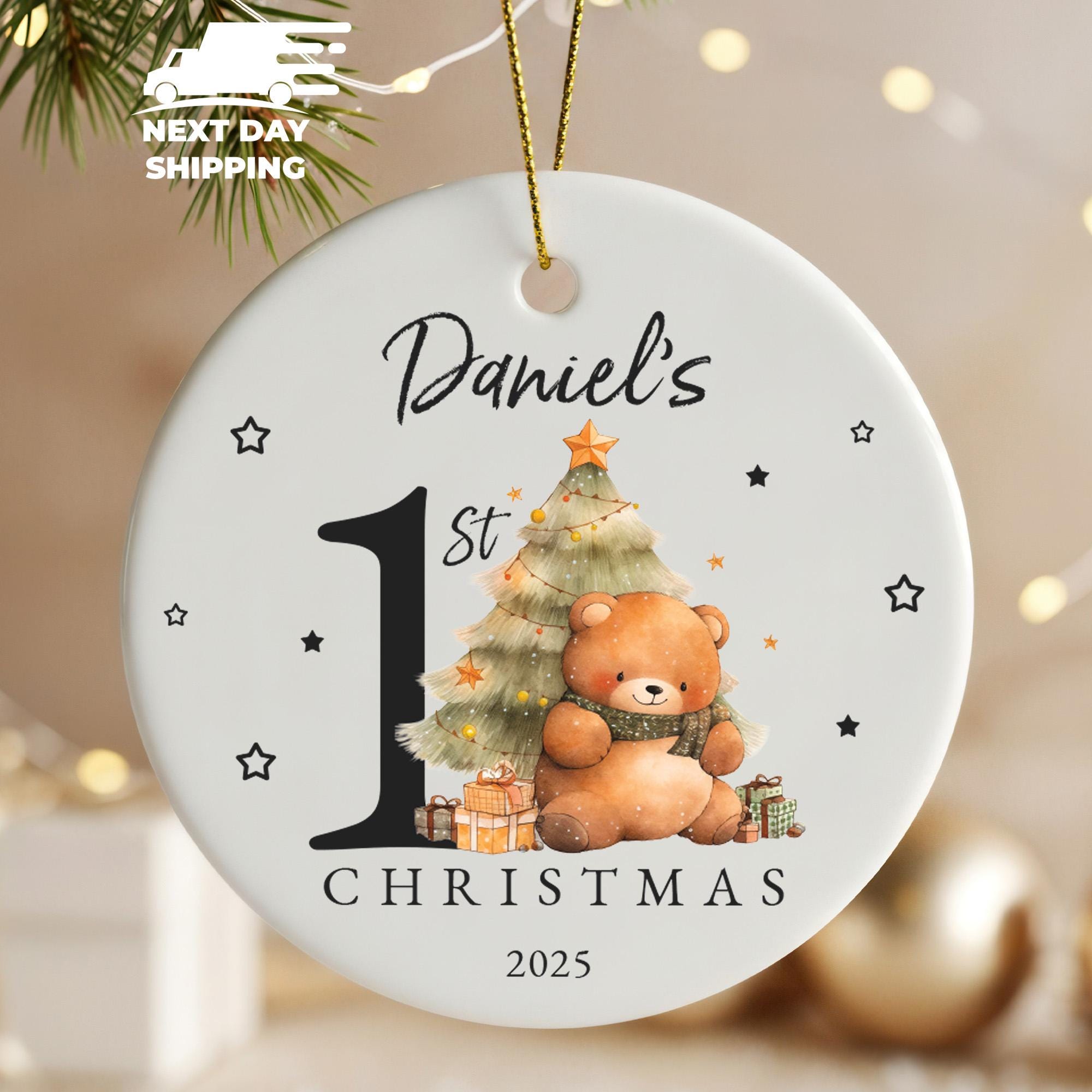 Custom Baby’s First Christmas Ornament 2025, Personalized Bear Keepsake, Newborn Holiday Gift, Ceramic Acrylic or Glass Ornament