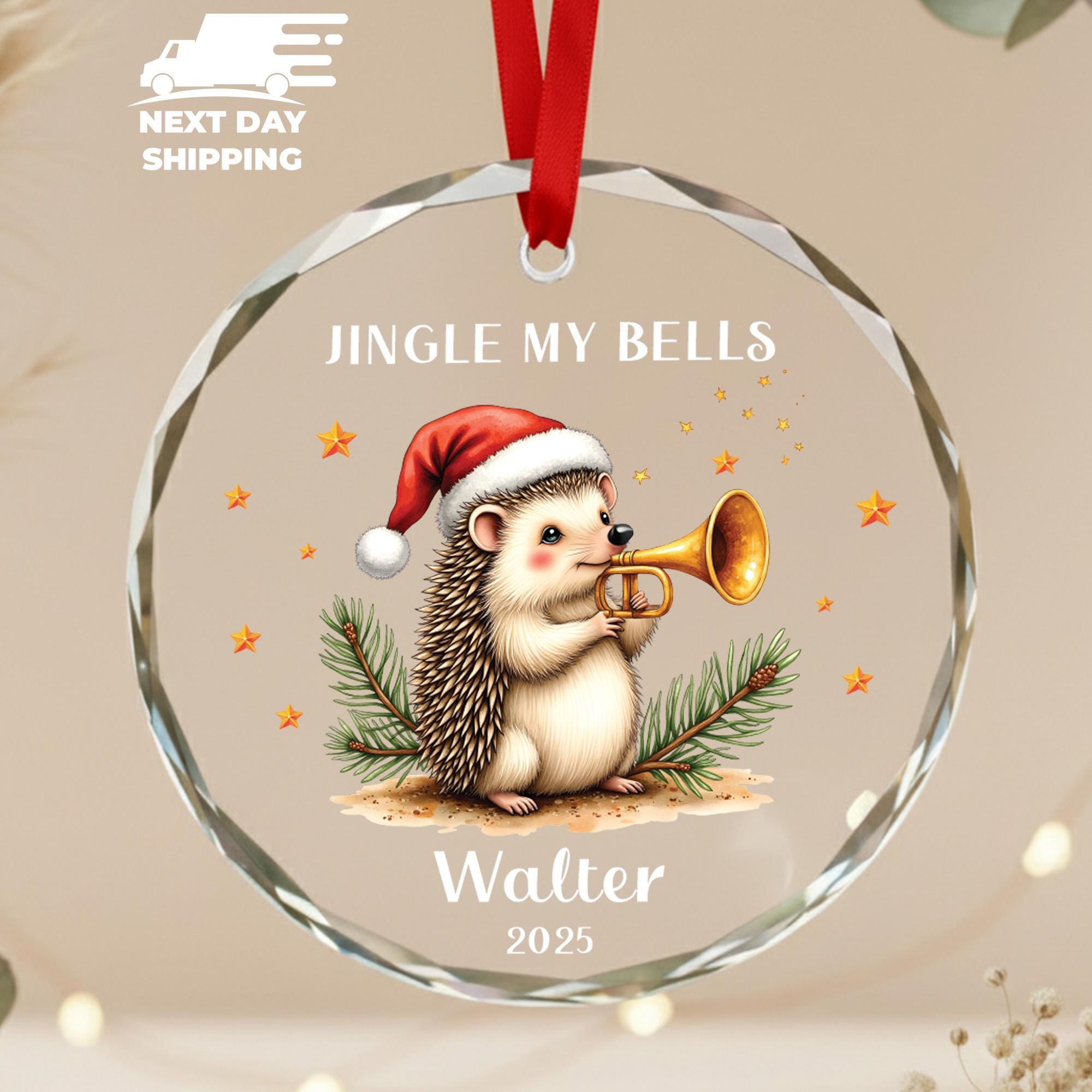 Personalized Jingle My Bells Ornament • Cute Hedgehog Christmas Ornament 2025 • Funny Custom Name Heart or Round Acrylic, Ceramic Glass Gift
