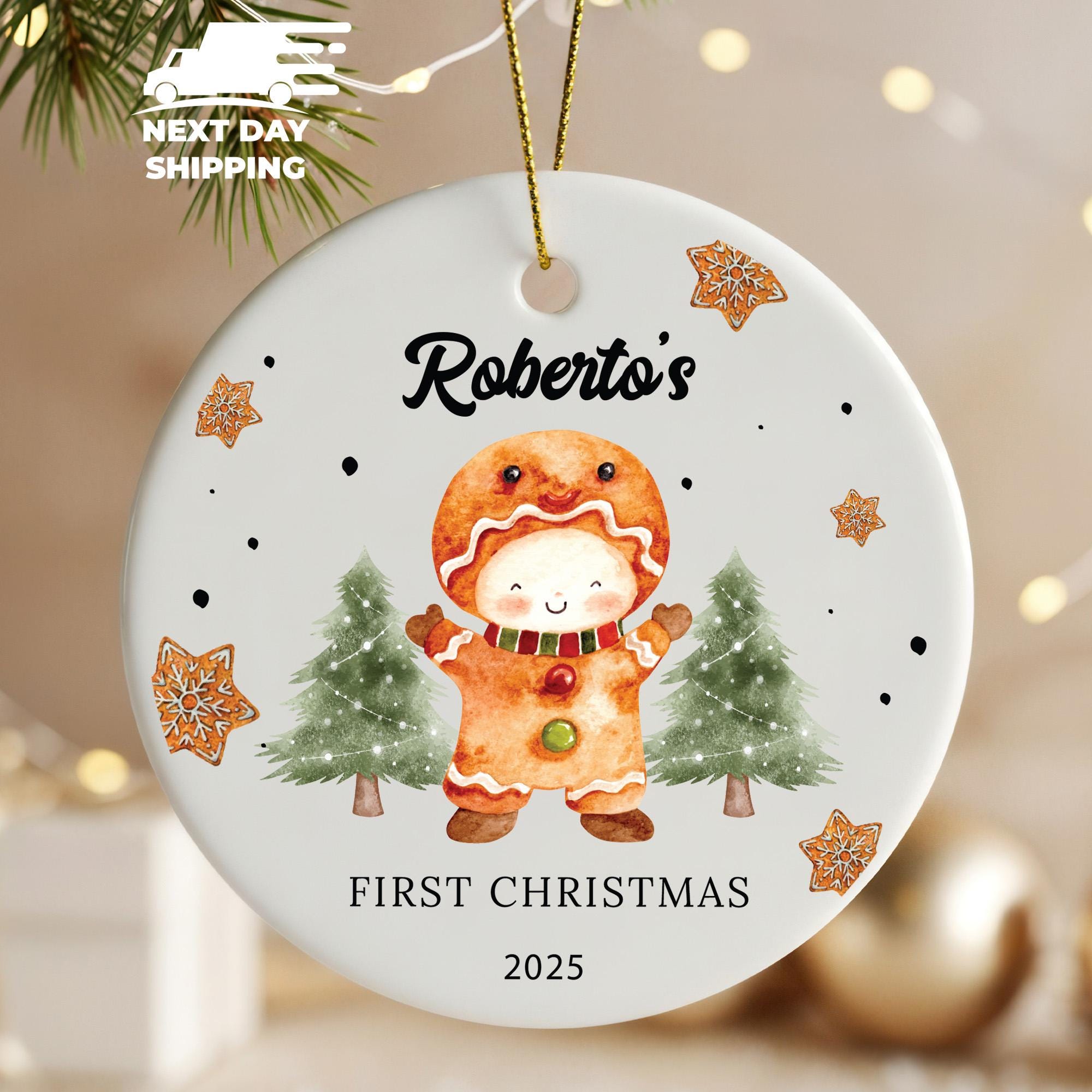 Cute Gingerbread Ornament, Personalized First Christmas Ornament, Custom Name Ornament, Happy Kid in Gingerbread Costume Ornament