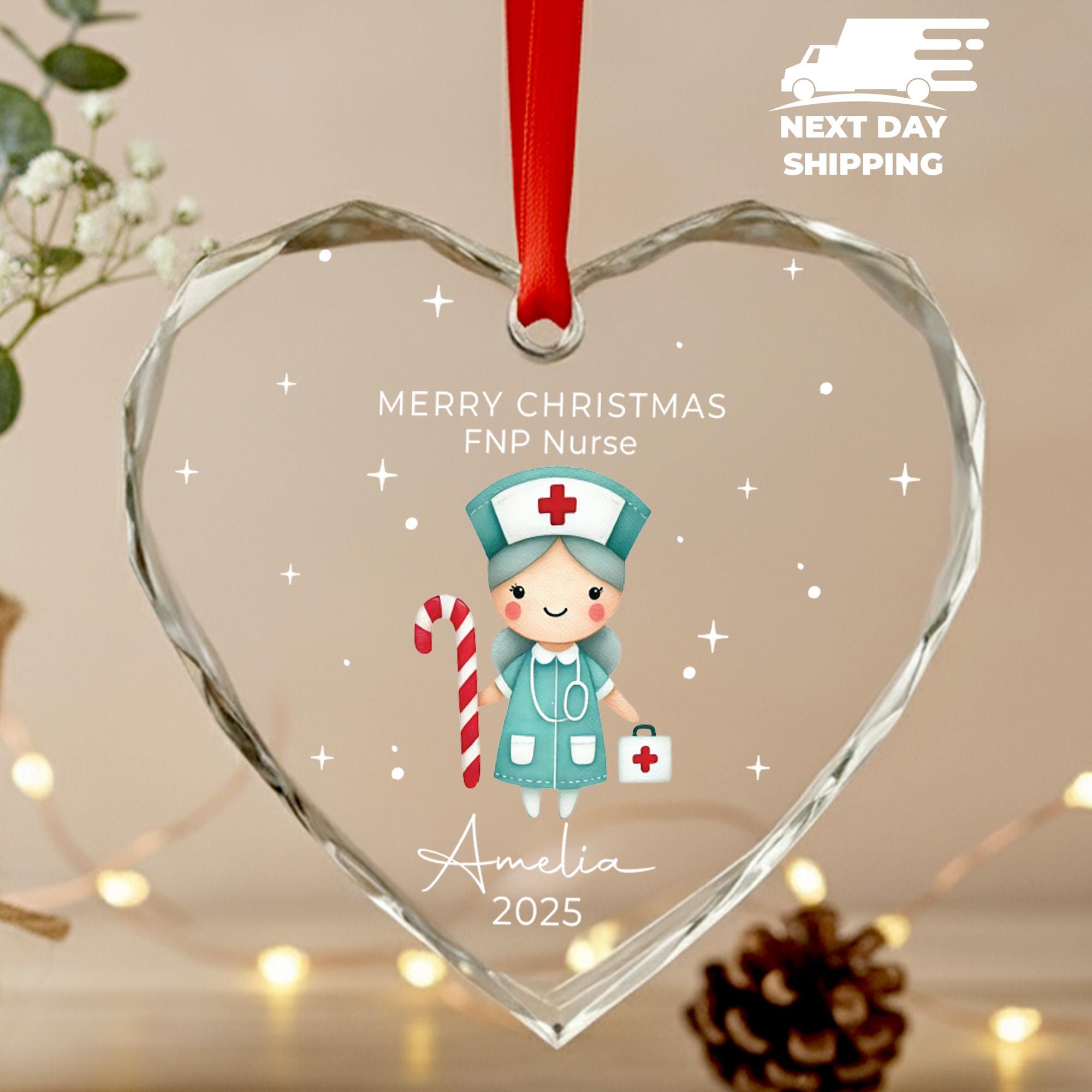 Personalized Heart FNP Nurse Ornament, Custom Round Nurse Name Ornament, Christmas Party Hanging Tree Ornament, Holiday Nurse Keepsake Gifts