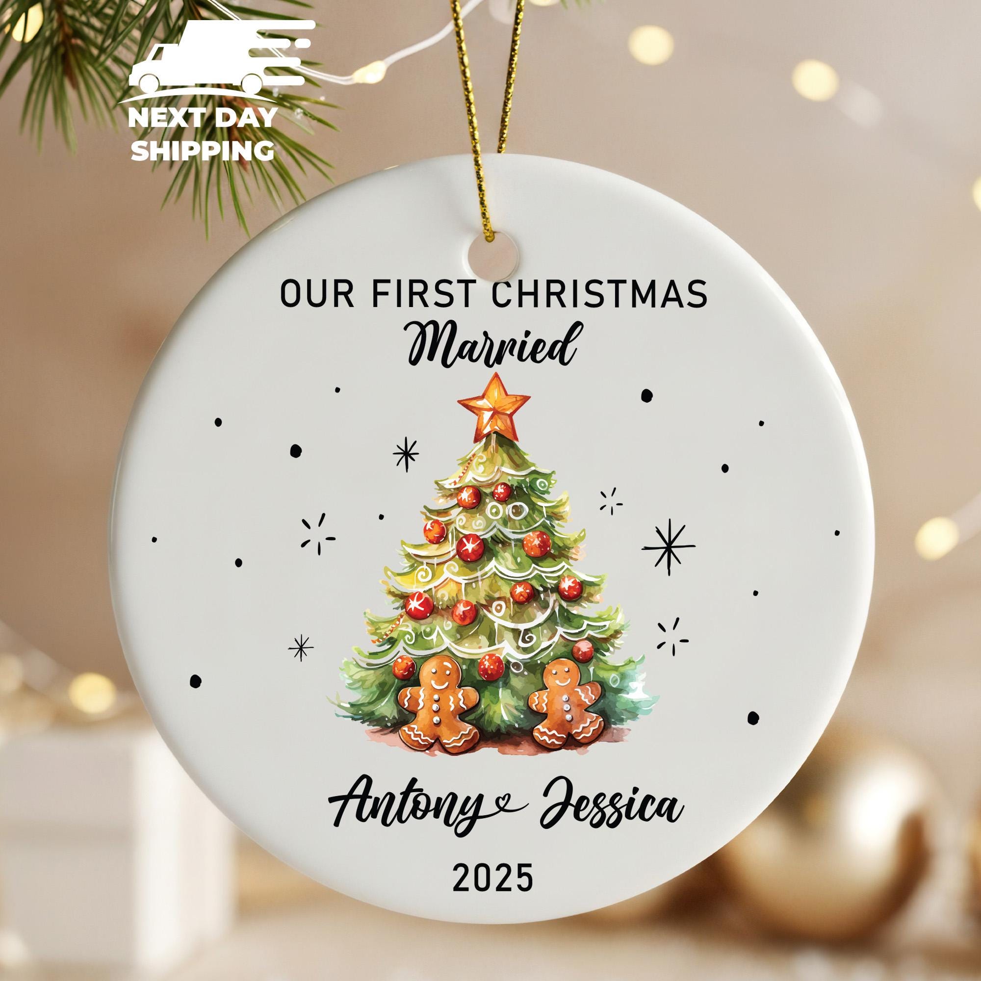 Cute Christmas Tree Hanging Ornament Acrylic Ceramic Glass, Personalized Christmas Gifts, Our First Christmas Married Keepsake, 2025 Wedding