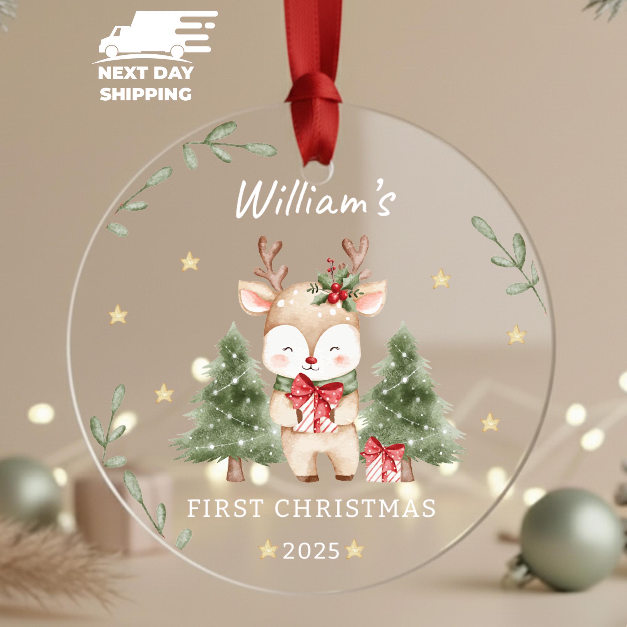 Fawn Holding Christmas Present Ornament, Custom Name Baby First Christmas Keepsake, Little Girl Ornament, Gift For New Mom, Christmas Gift