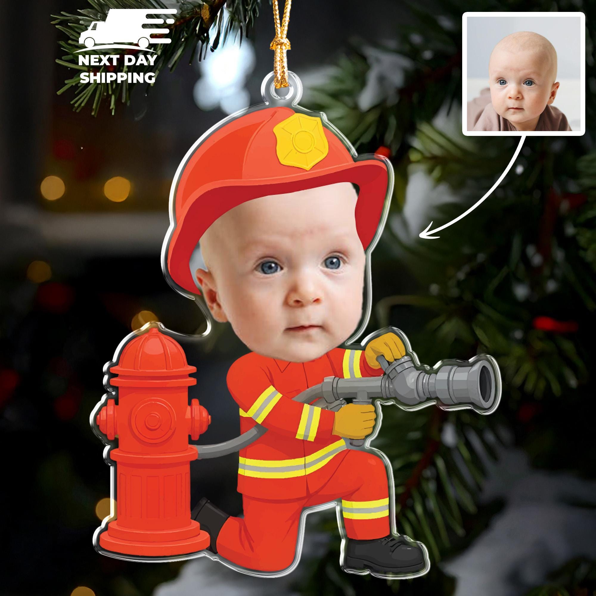 Baby Face Firefighter Ornament, Fireman Baby Christmas Keepsake, Personalized Acrylic Ornaments, Novelty Baby Ornament, Baby Photo Gift