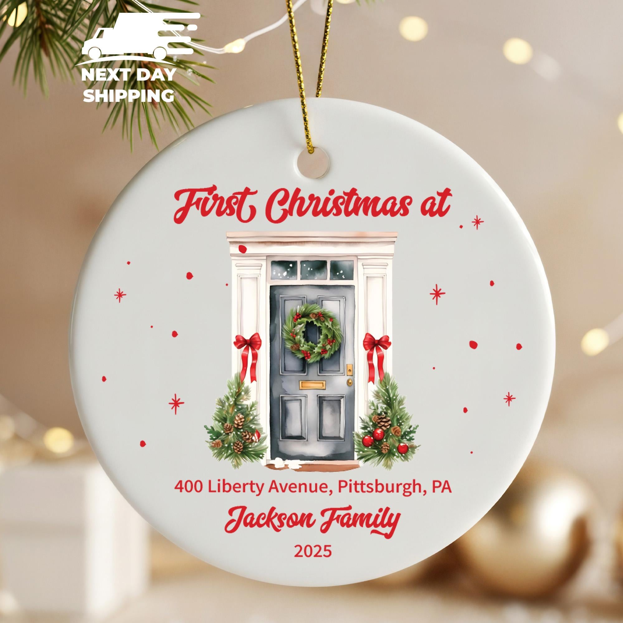 Personalized Family Name Christmas Ornament 2025, Custom Address New Home Ornament, Gray Door Holiday Keepsake, First Christmas Gift