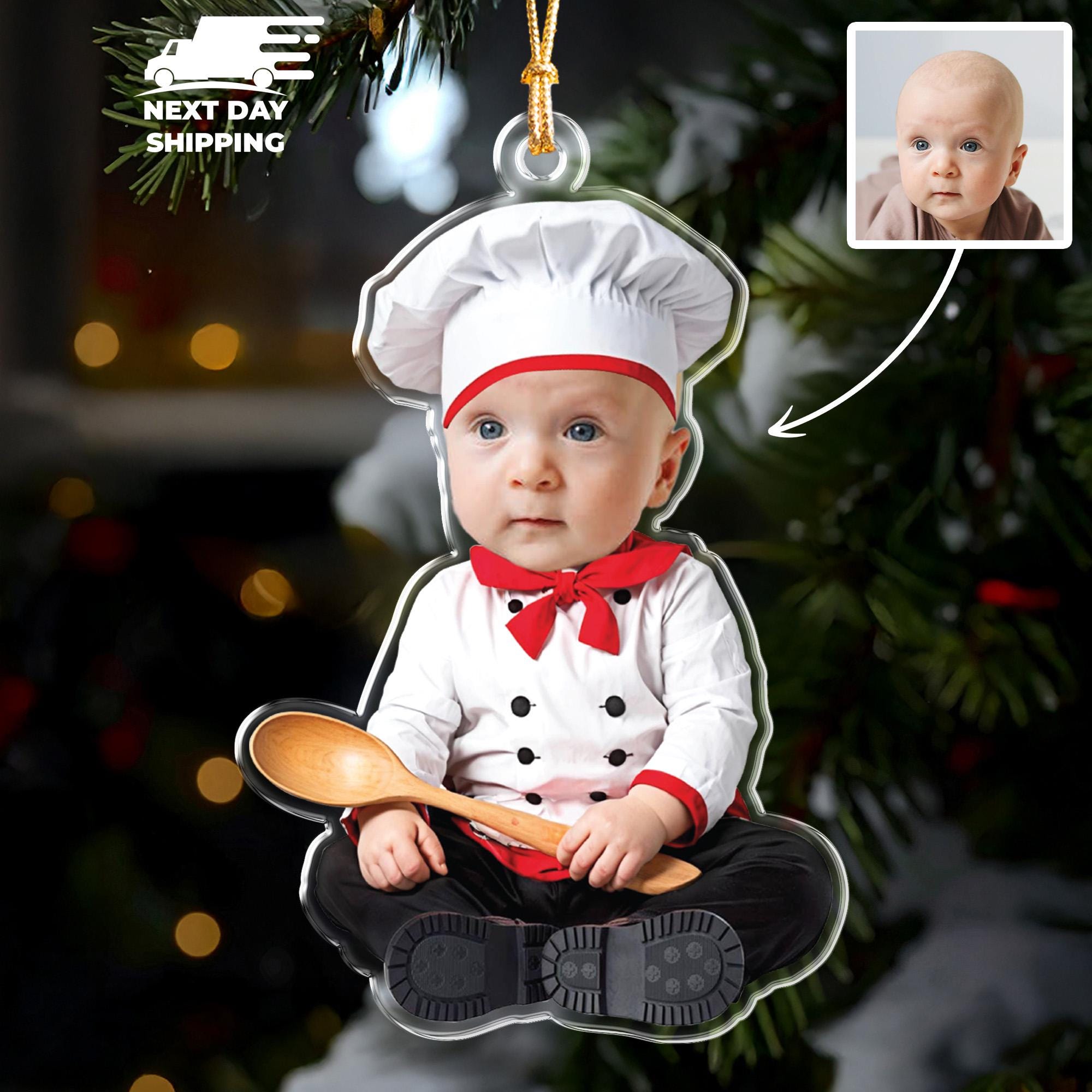 Chef Baby Face Ornament, Acrylic Chef Keepsake, Funny Photo Ornament, Custom Chef Hat Ornament with Picture, Chef Parent Christmas Ornament