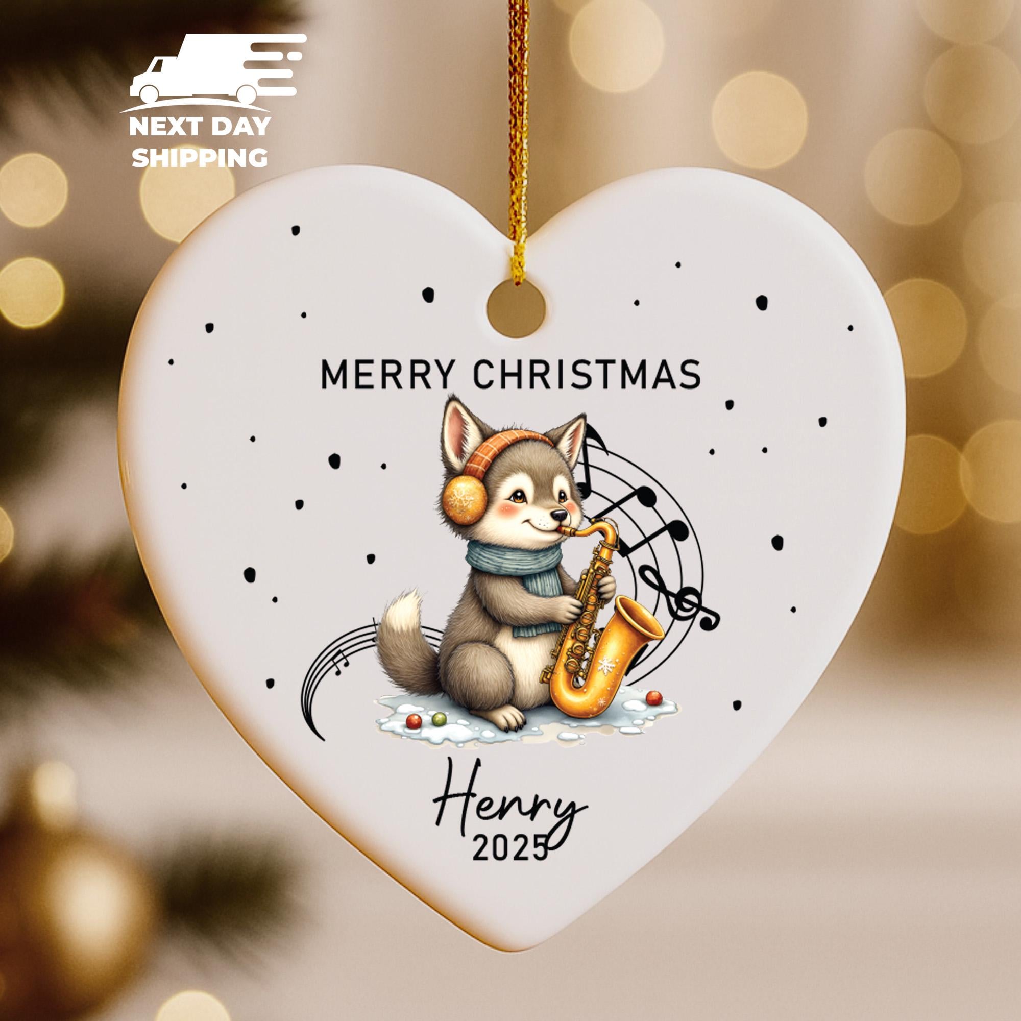Personalized Saxophone Christmas Ornament • Cute Musical Animal Ornament 2025 • Custom Name Acrylic, Ceramic or Glass Holiday Keepsake