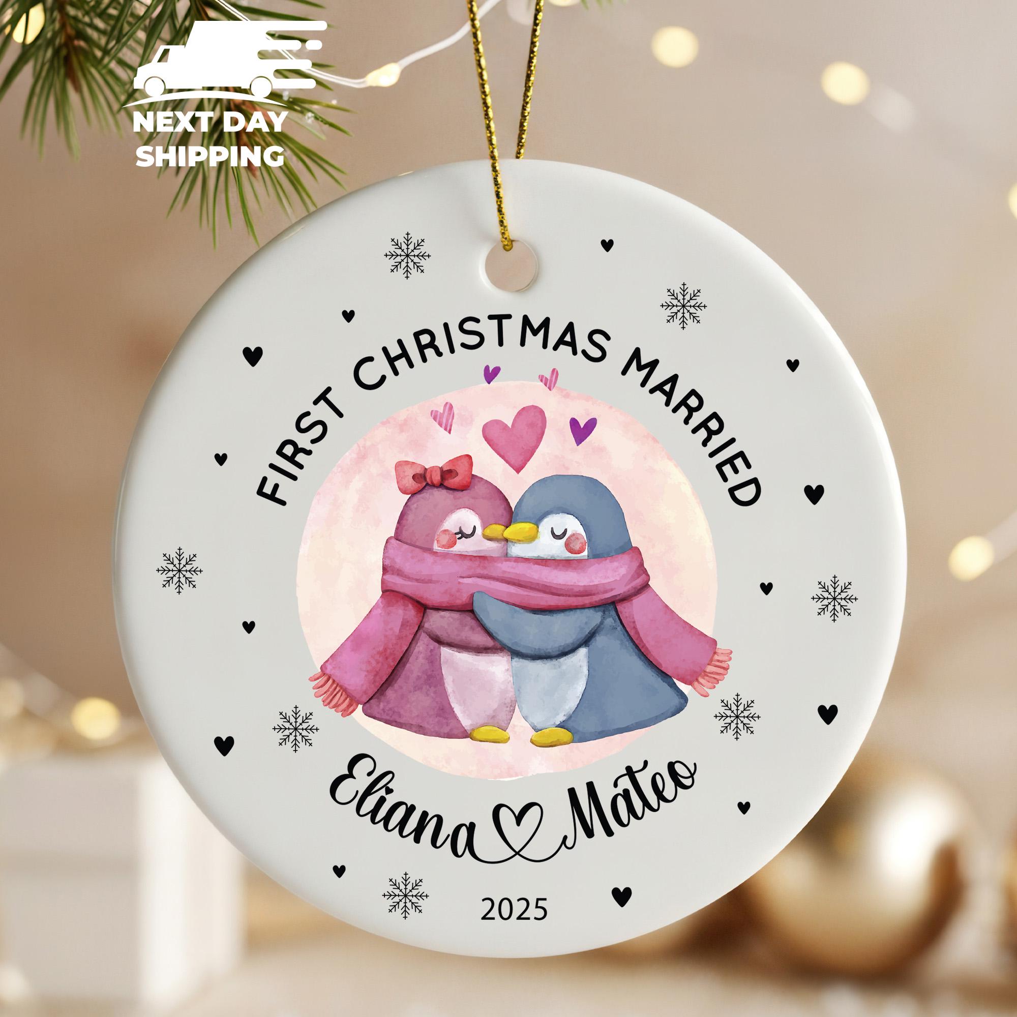Personalized First Christmas Married Ornament 2025 • Cute Penguin Couple Name Keepsake • Newlywed Holiday Decoration • Custom Xmas Gift