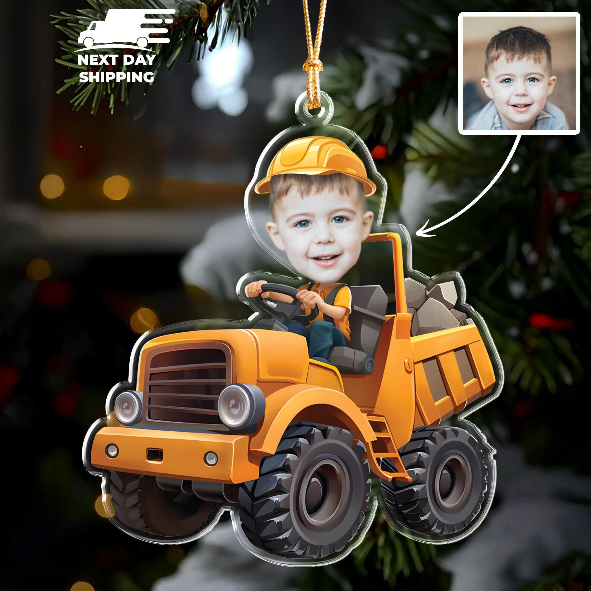Personalized Dump Truck Driver Ornament, Kid Face Ornament, Funny Christmas Acrylic Ornament, Boys Christmas Keepsake, Construction Ornament