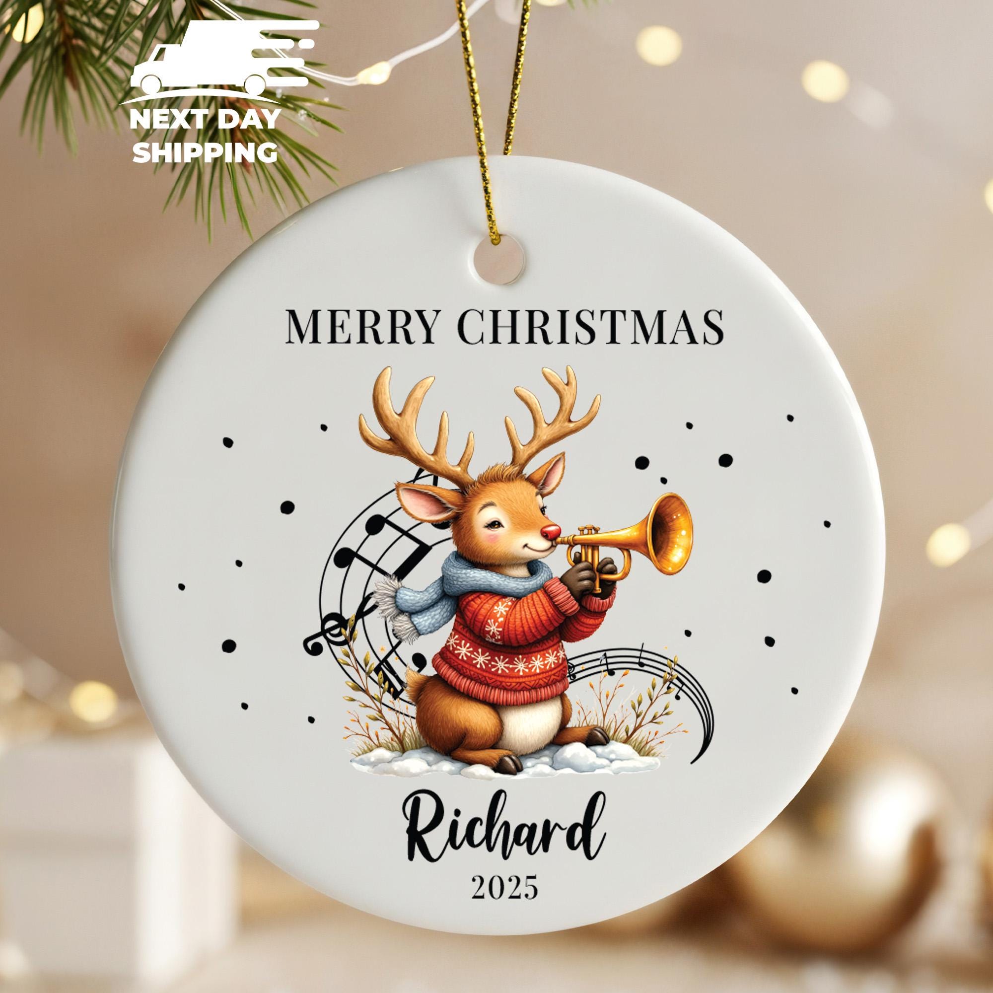 Cute Reindeer Heart Ornament, Personalized Merry Christmas 2025 Ornament, Custom Name Holiday Gift, Kids Animal Music Tree Decoration