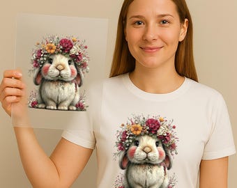 Cute Bunny DTF Transfer, Floral Rabbit Heat Transfer, Spring Ready to Press, Pastel Animal Transfer for DIY Projects