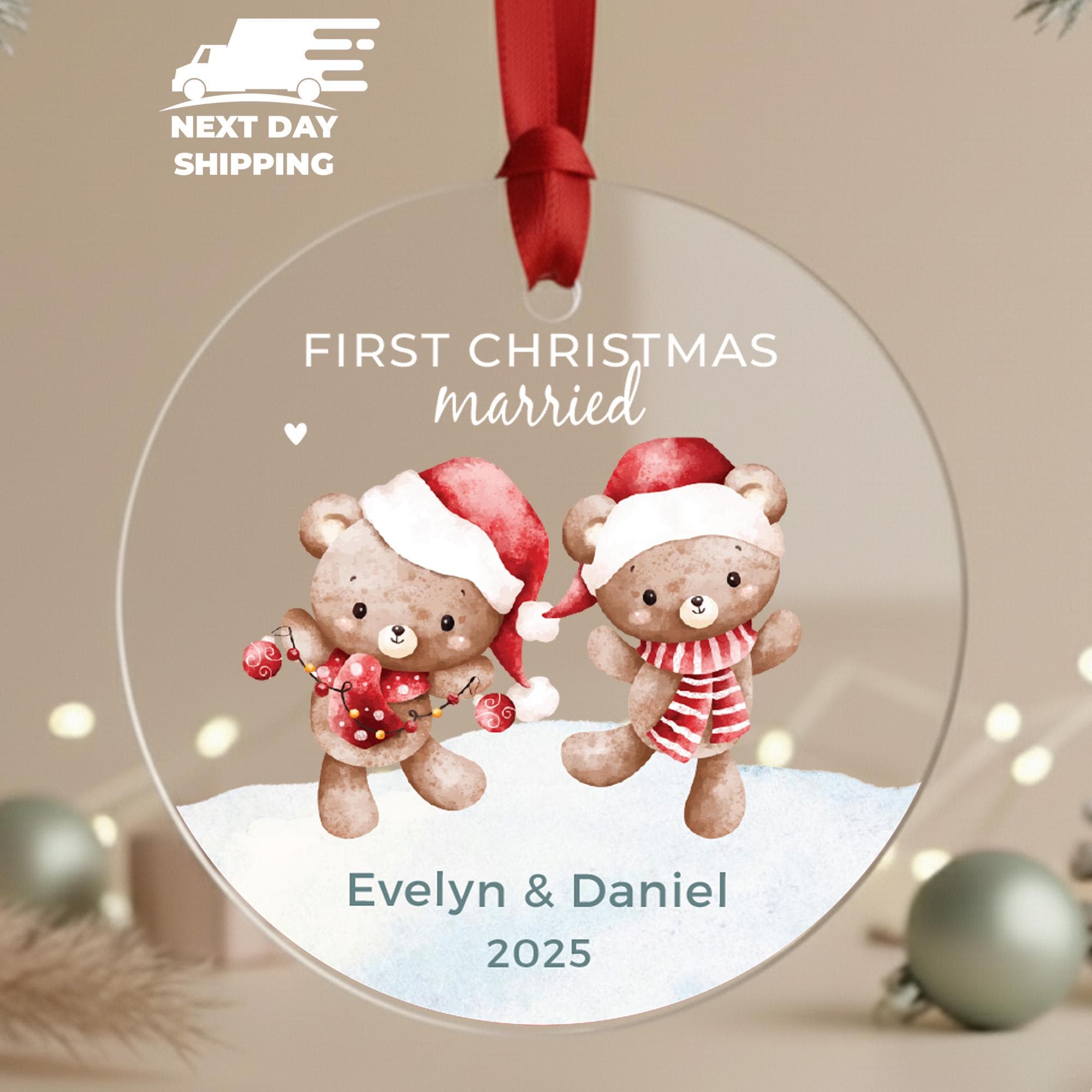 Christmas Married Couple Ornament, Cute Bear Couple Gift, Newlywed Couple Keepsake, Santa Beer Ornament, Couple Names Ornament for Her Him