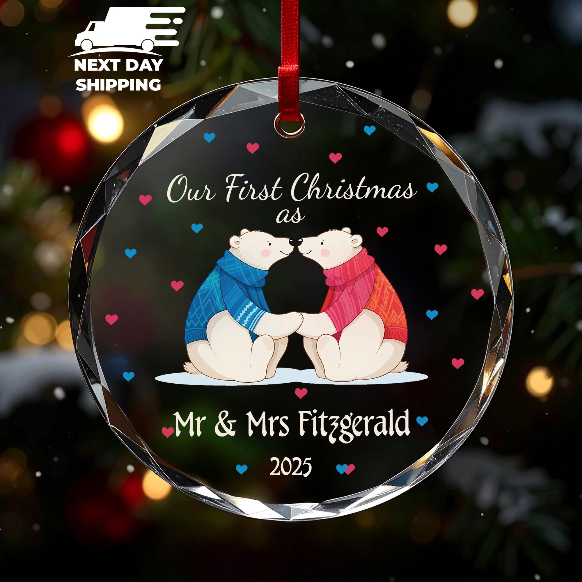 Mr and Mrs Polar Bear Ornament, Family Name Ornament, Our First Christmas Newlywed Ornament, Cute Couple Keepsake, Acrylic Ceramic Glass
