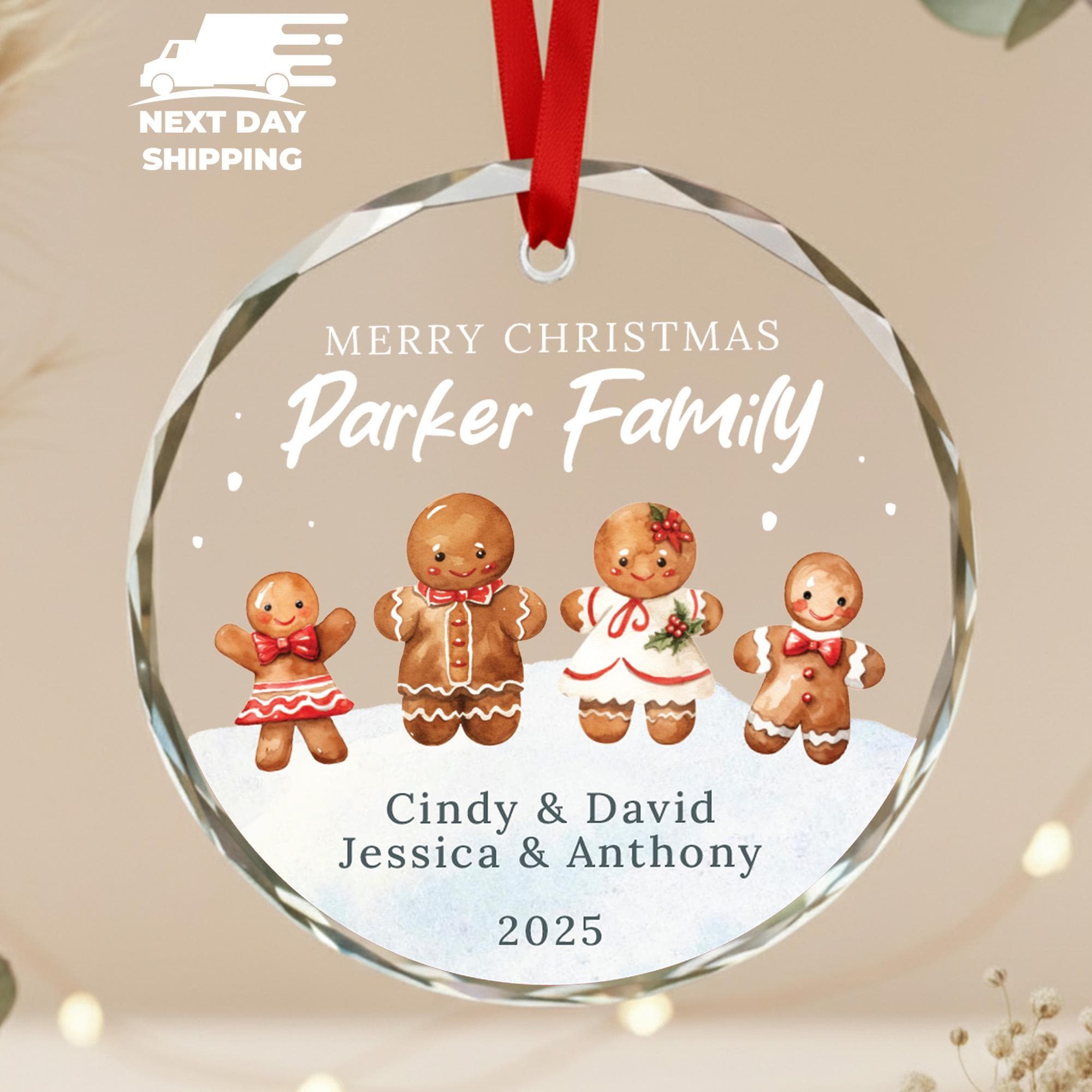 Gingerbread Family of Four Ornament, Custom Family Name and Members Holiday Keepsake, Father Mother Son Daughter Cookie Name Ornament