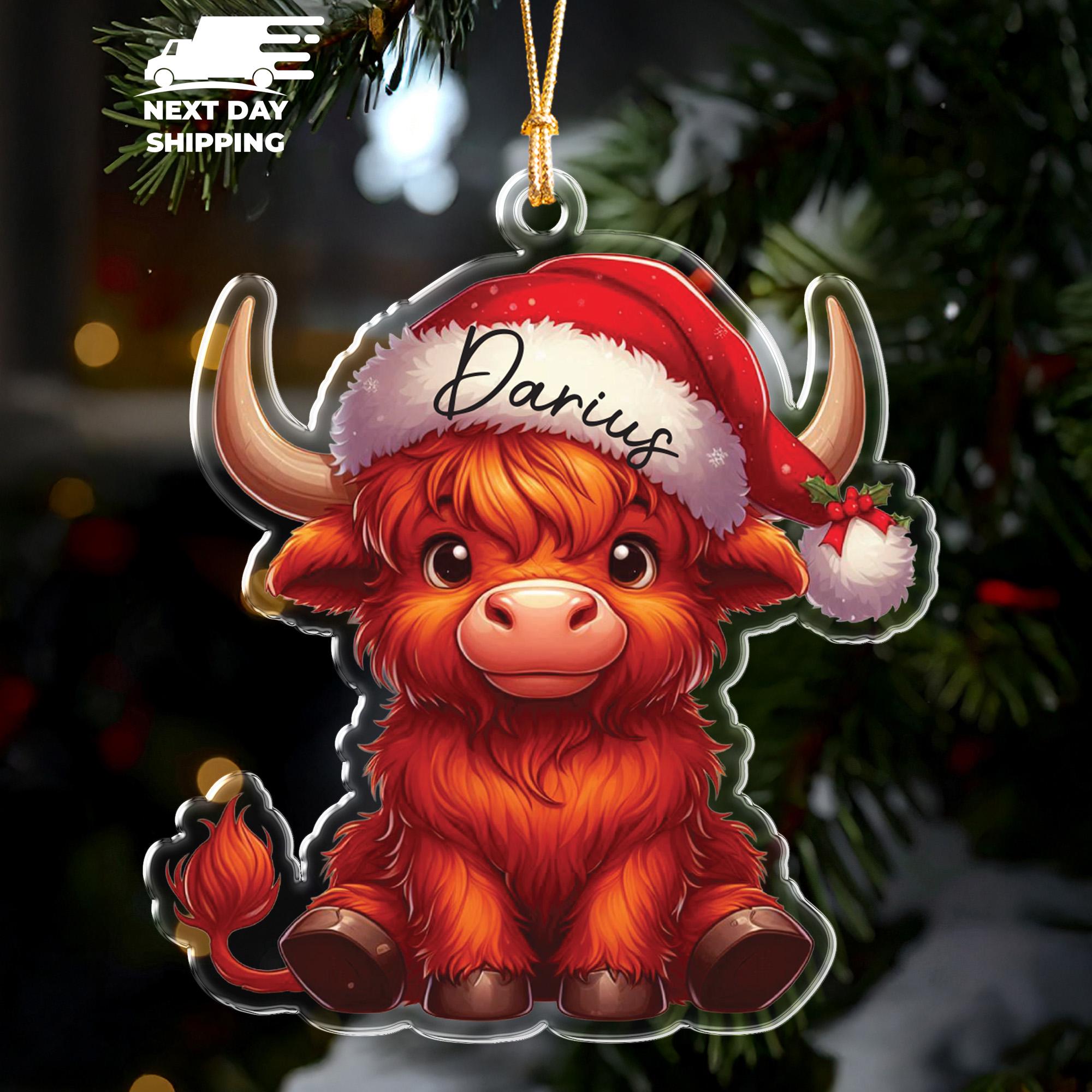 Cute Highland Cow Acrylic Ornament with Name, Personalized Christmas Ornaments for Kids, Custom Stocking Stuffer Name Tags, Santa Hat Cow
