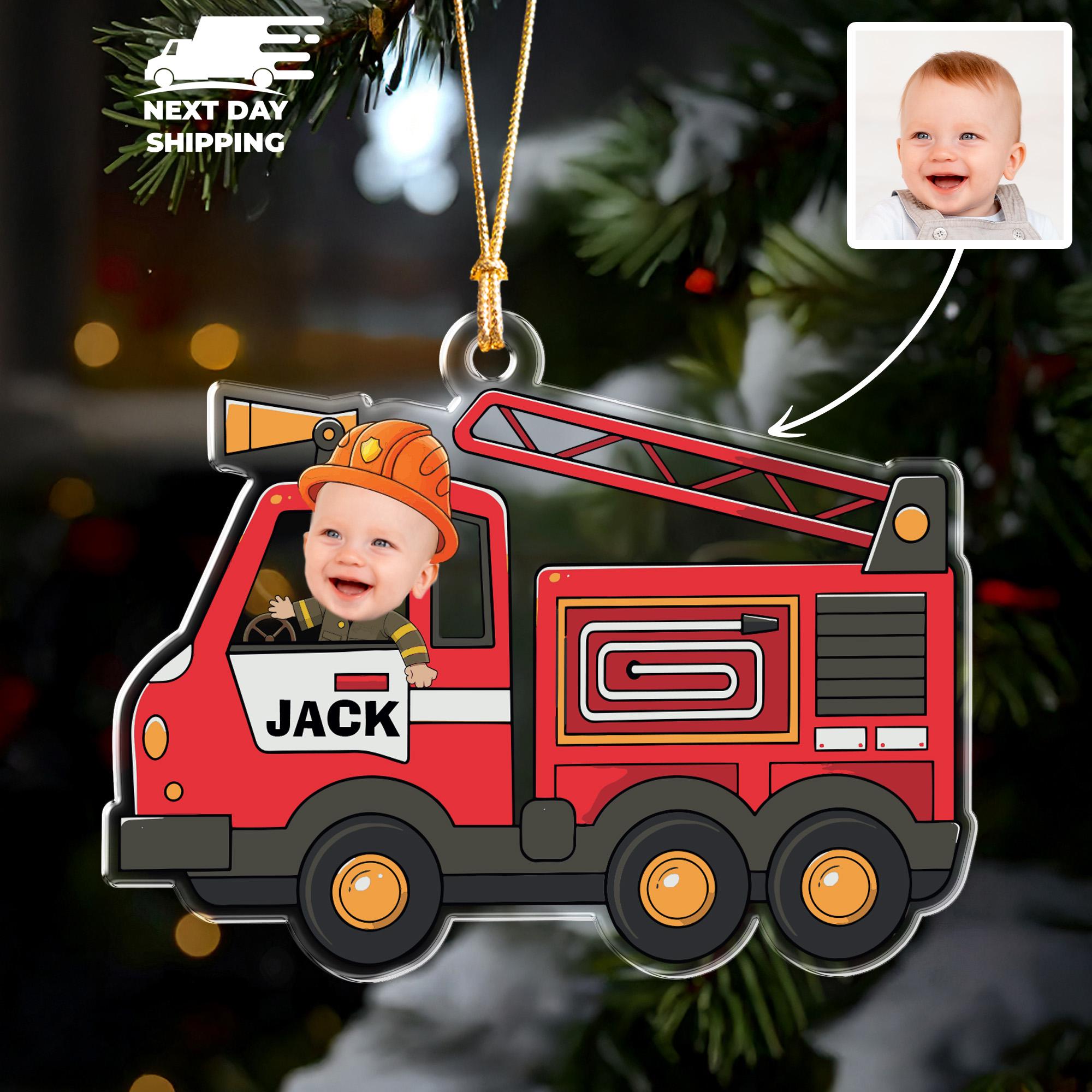 Cute Firetruck Ornament, Personalized Fireman Kids Name Face Ornament, Acrylic Christmas Ornament, Custom Fire Department Ornament Keepsake