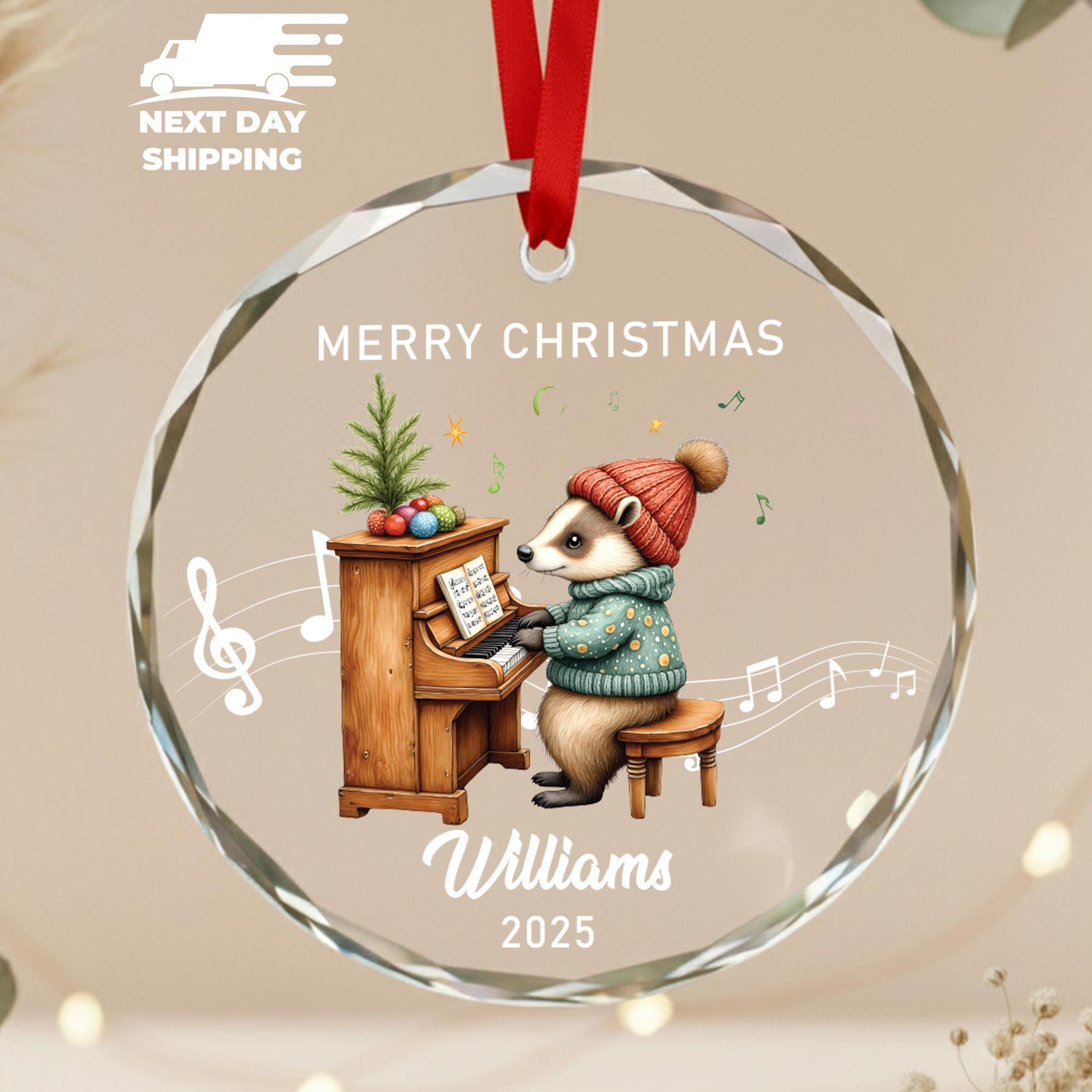 Personalized Musical Christmas Ornament • Cute Animal Playing Piano • Custom Name Kids Ornament 2025 • Round Ceramic Holiday Keepsake