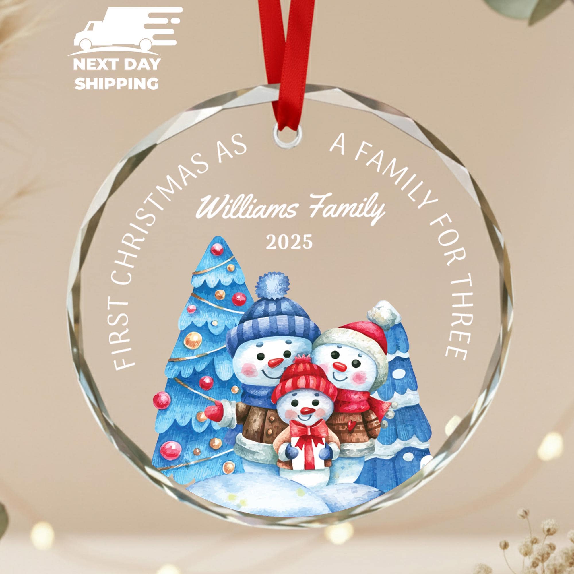 First Christmas as a Family of Three Ornament • Personalized Snowman Family Ornament 2025 • Custom Name New Family Christmas Keepsake Gift
