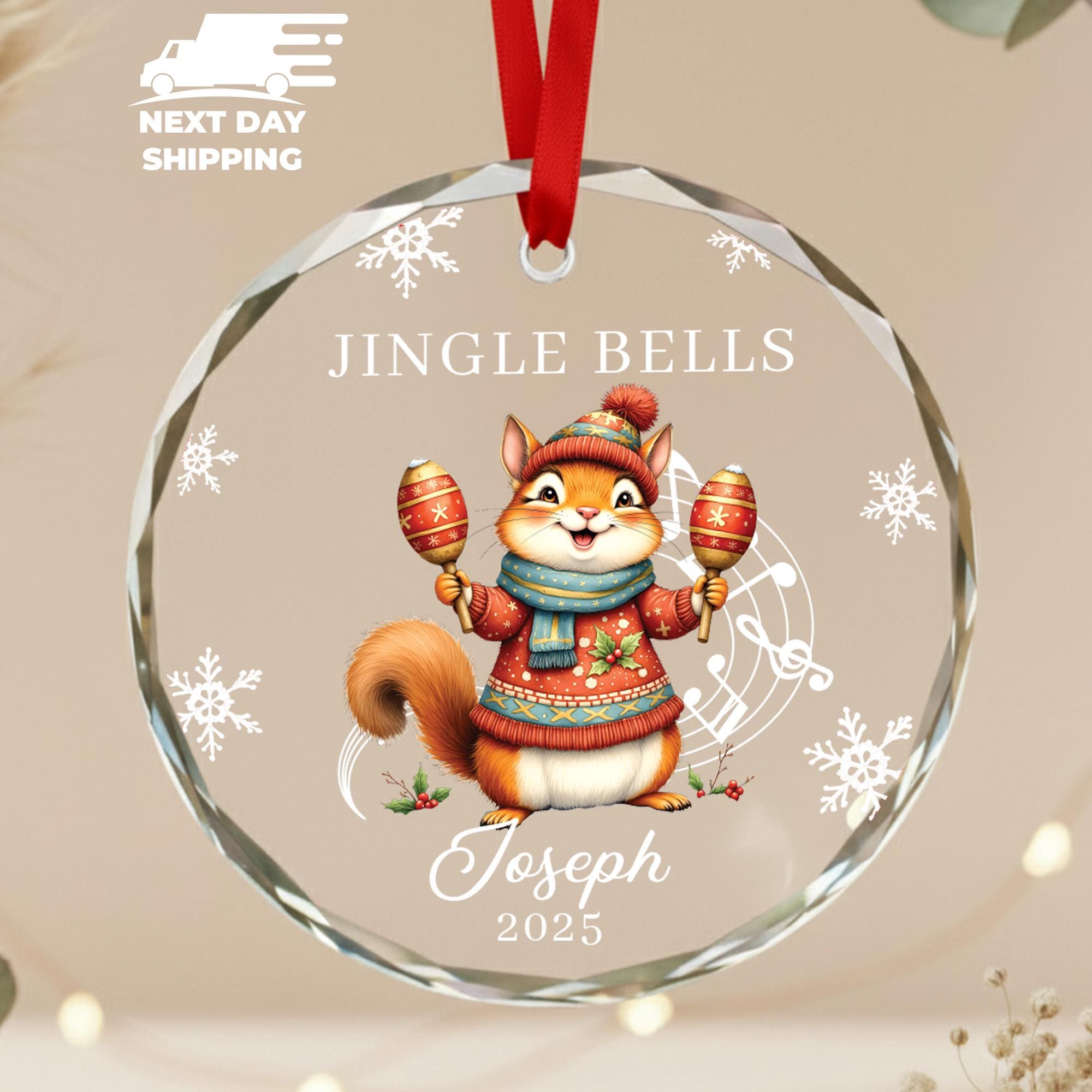 Personalized Jingle Bells Christmas Ornament • Cute Squirrel Music Ornament 2025 • Custom Name Acrylic, Ceramic or Glass Holiday Keepsake