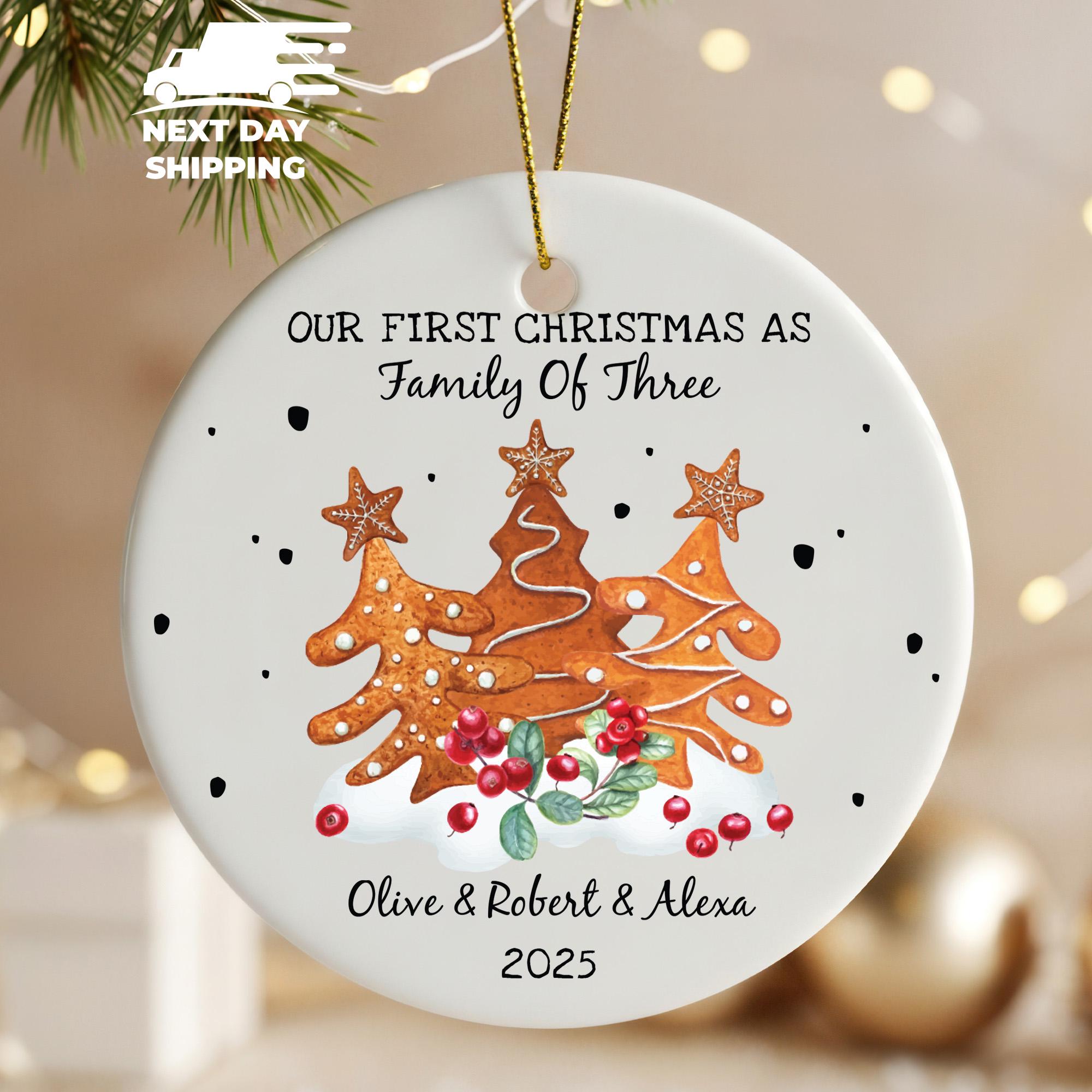 Our First Christmas as Family of Three Ornament, Custom Names Gift, Family Holiday Keepsake, Christmas Tree Decoration, Gingerbread Tree