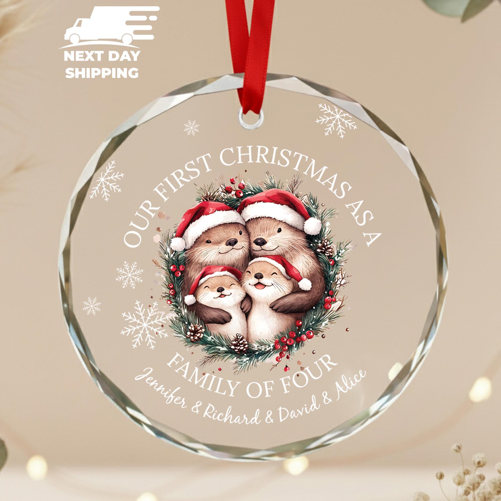 Custom Otter Family Ornament 2025, Our First Christmas as a Family of Four, Personalized Name Keepsake Gift, Ceramic Acrylic or Glass