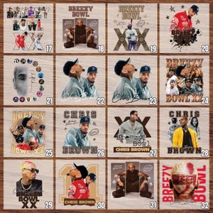 May include: A collection of square images featuring Chris Brown, with text including "Breezy Bowl" and "Chris Brown". The images showcase various poses and styles, with a mix of colors and designs.