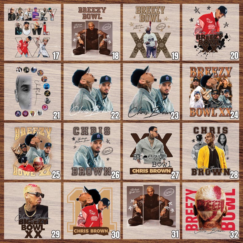 May include: A collection of square images featuring Chris Brown, with text including "Breezy Bowl" and "Chris Brown". The images showcase various poses and styles, with a mix of colors and designs.