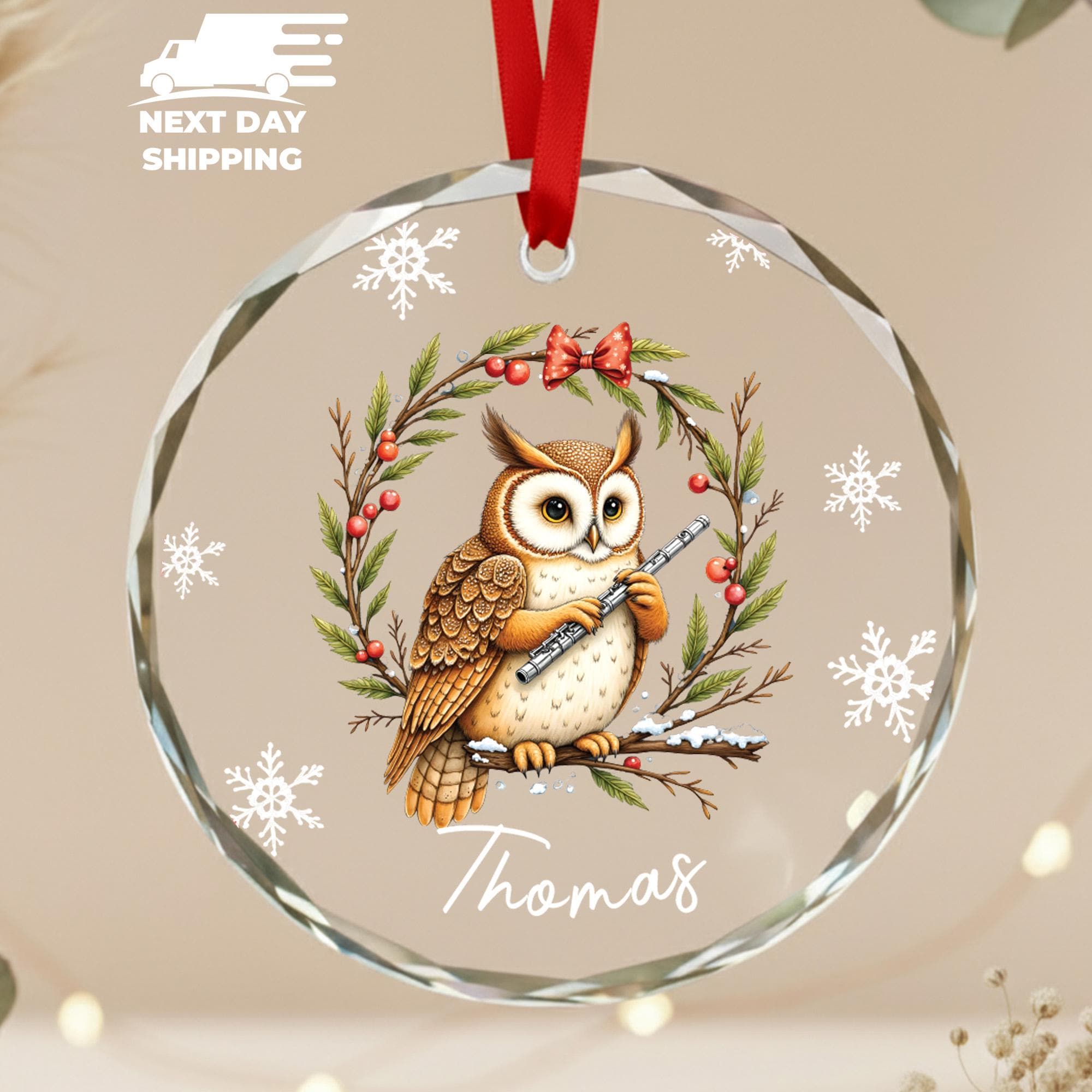 Personalized Owl Christmas Ornament • Cute Woodland Owl with Flute • Custom Name Ceramic Ornament 2025 • Music Lover Holiday Gift