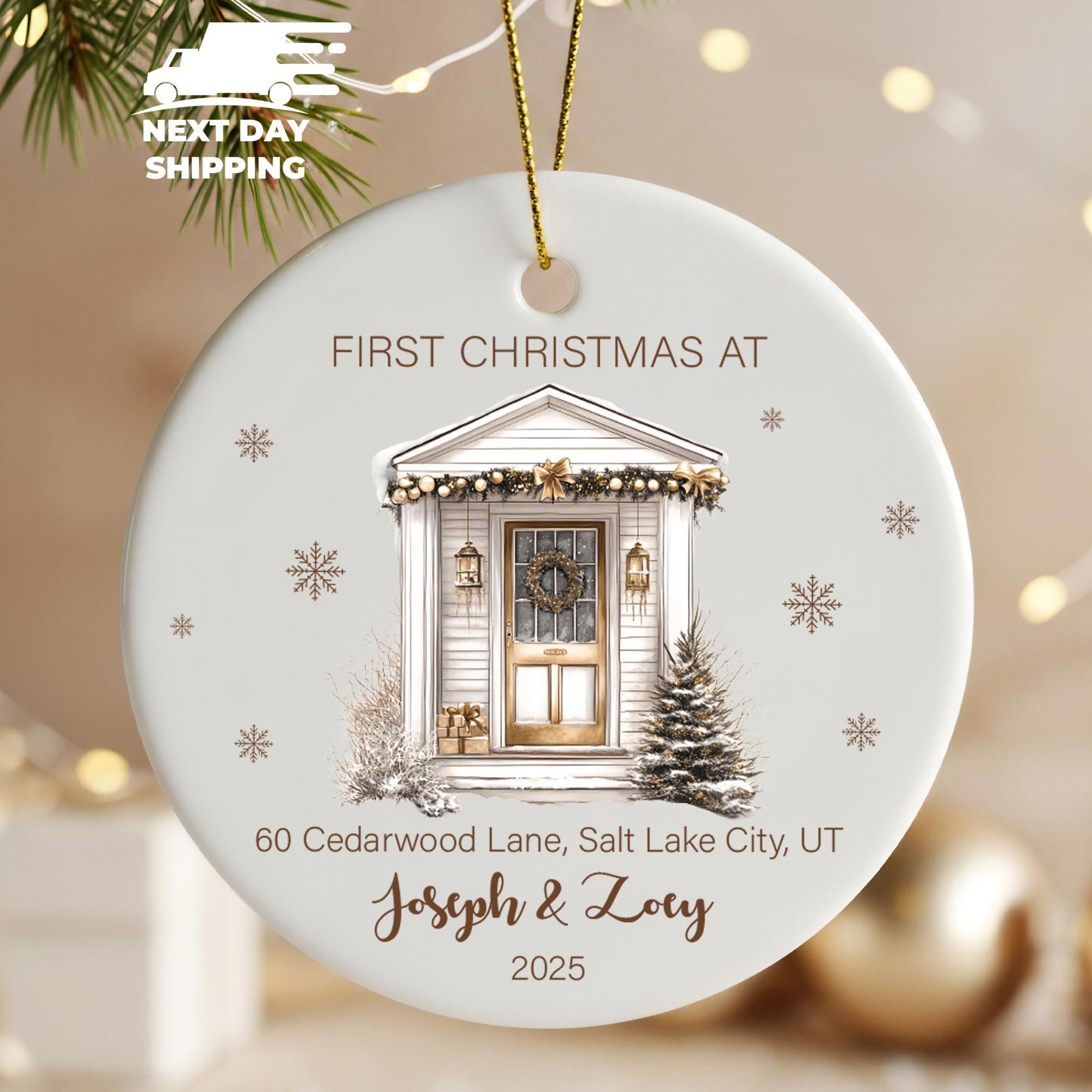 Printed First Christmas at New Home Ornament 2025, Personalized Couple Name & Address Ornament, High Quality Print Holiday Keepsake
