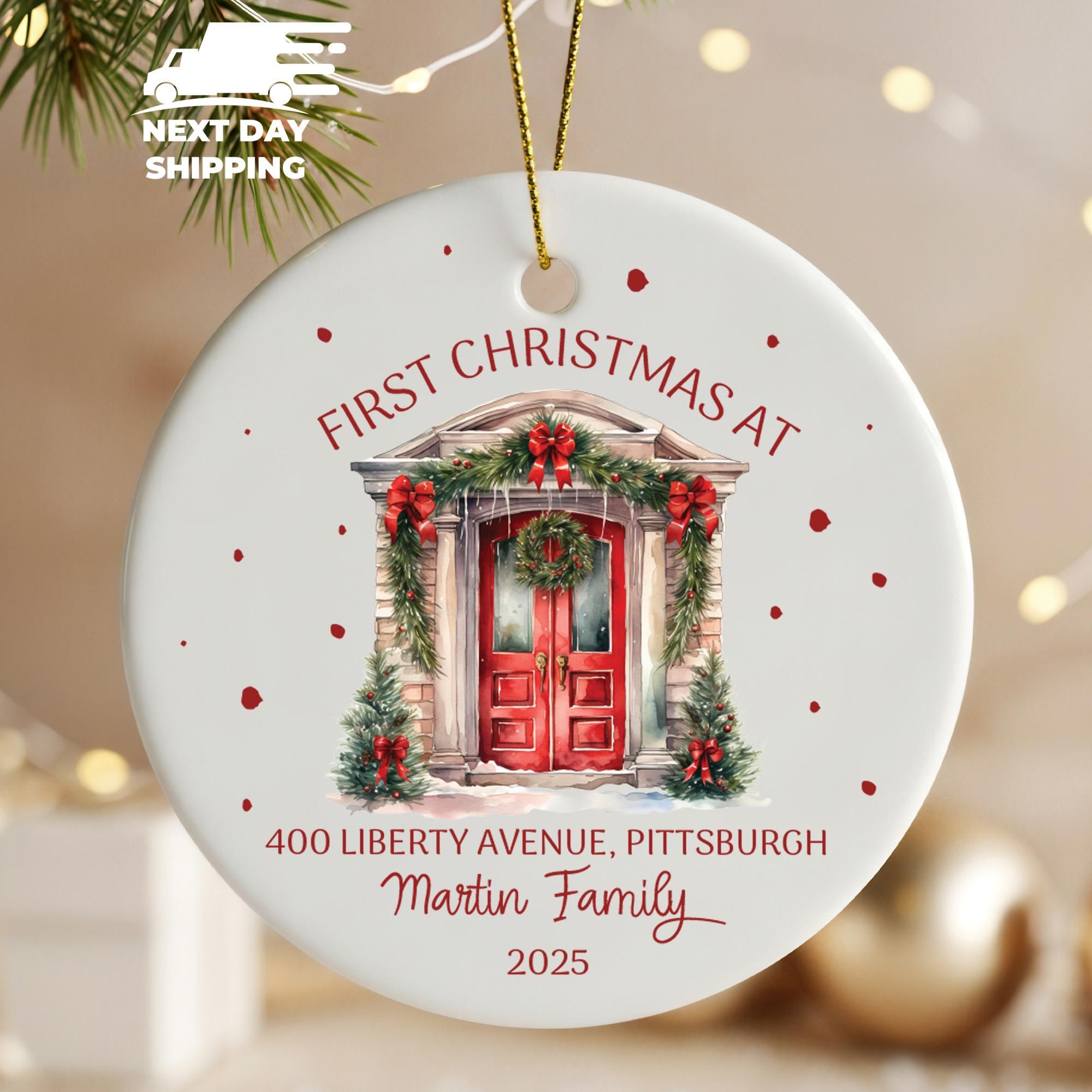 Personalized First Christmas at New Home Ornament 2025, Custom Family Name Address Ornament, Red Door Holiday Keepsake, Housewarming Gift