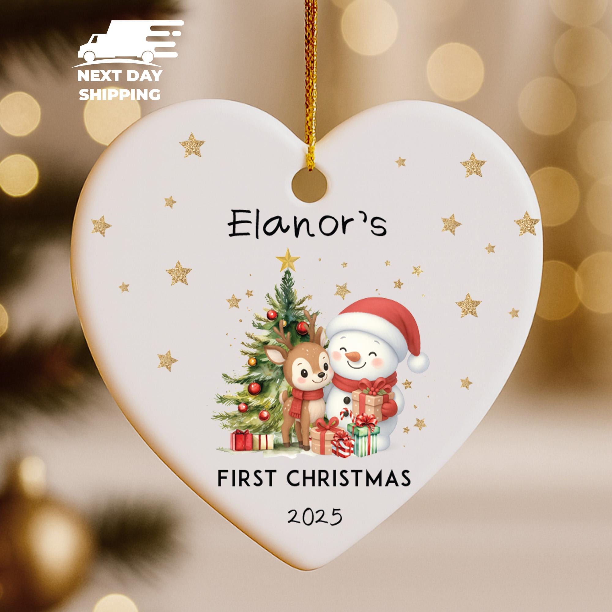 Baby First Christmas Ornament, Personalized Name Snowman and Deer Ornament, Holiday Keepsake, Hanging Tree Decoration, Newborn Gift