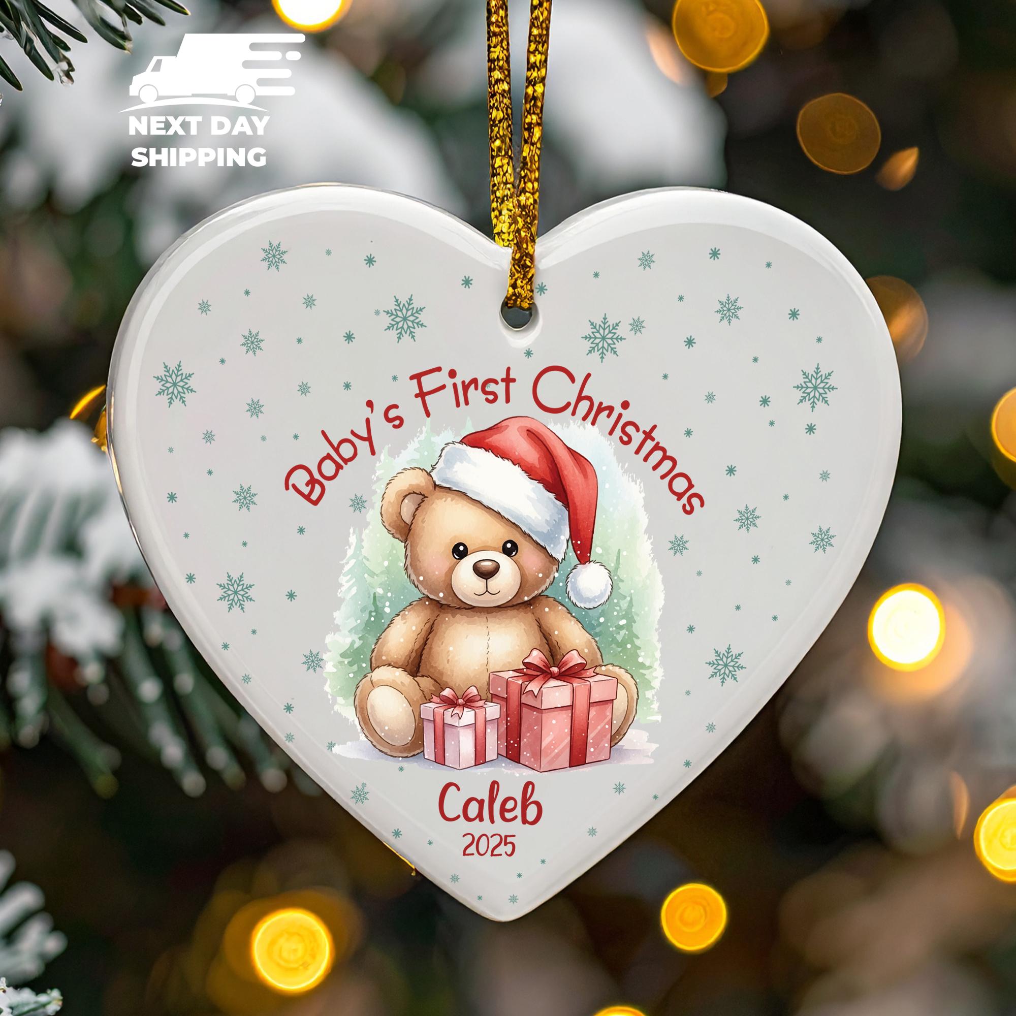 Babys First Christmas Ornament, Cute Christmas Bear Keepsake, Personalized Bear Cub Ornament, 2025 Newborn Name Ornament, Baby Boy Girl Gift