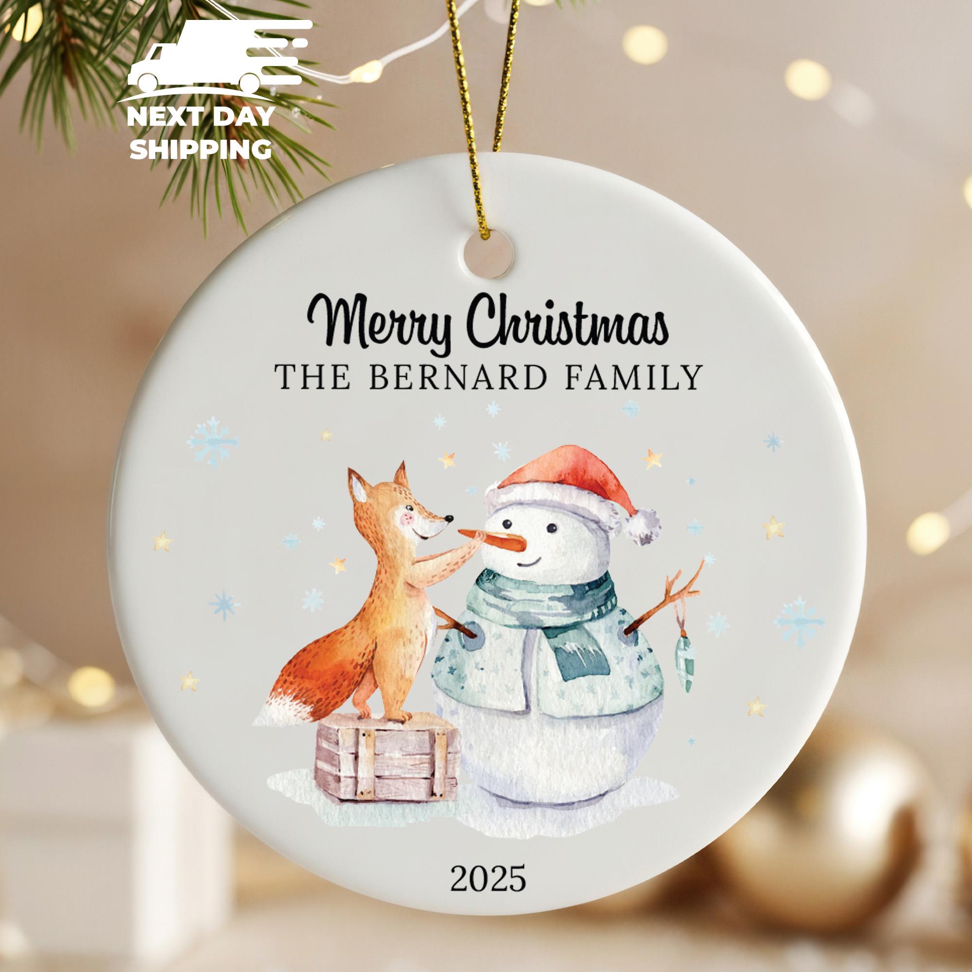 Christmas Snowman and Fox Ornament, Christmas Keepsake for Family, Ornament Gift For Neighbor, Holiday Keepsake, Snowman Seal Ornament