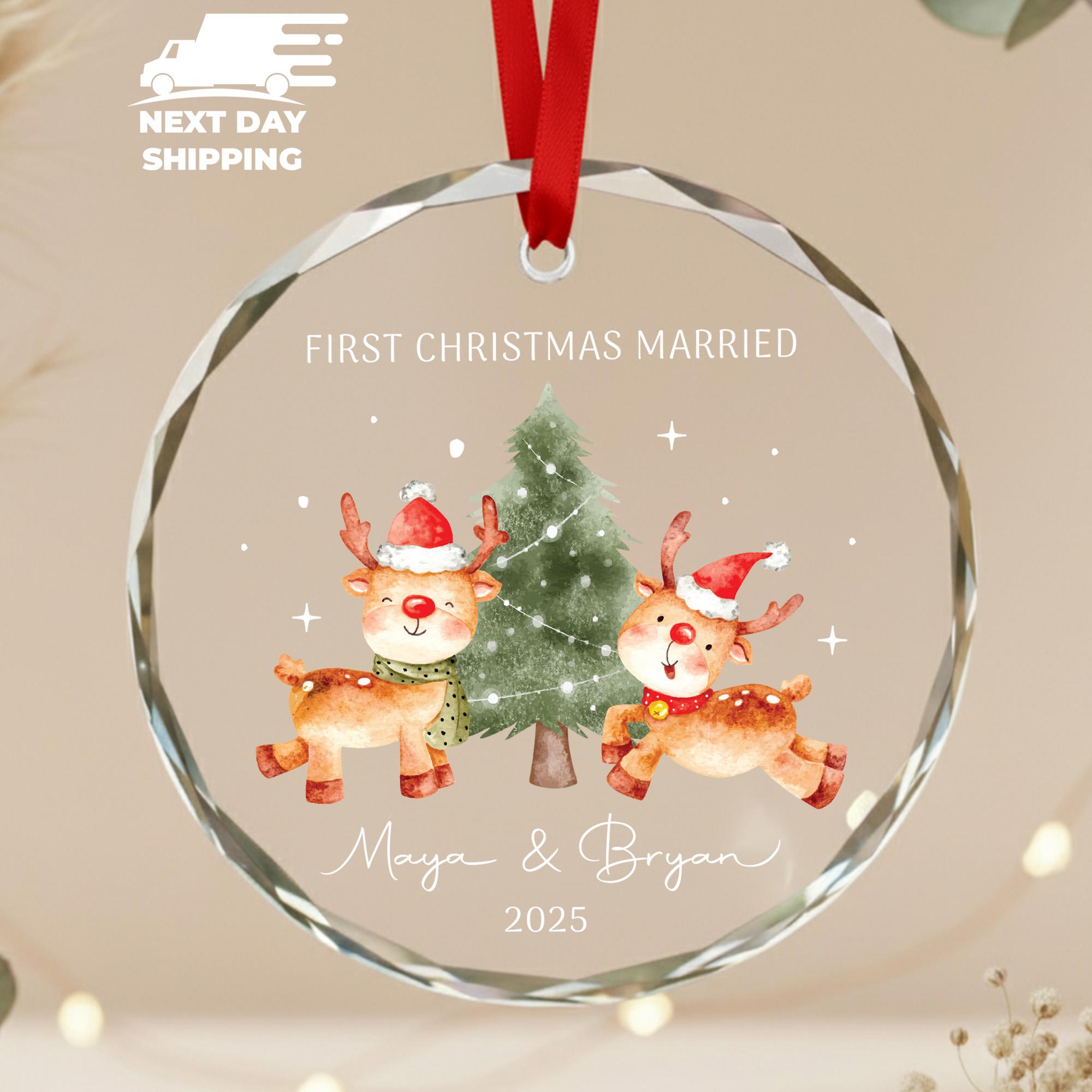 Personalized First Christmas Married Ornament 2025 • Cute Reindeer Couple Keepsake • Newlywed Name Ornament • Custom Holiday Christmas Gift