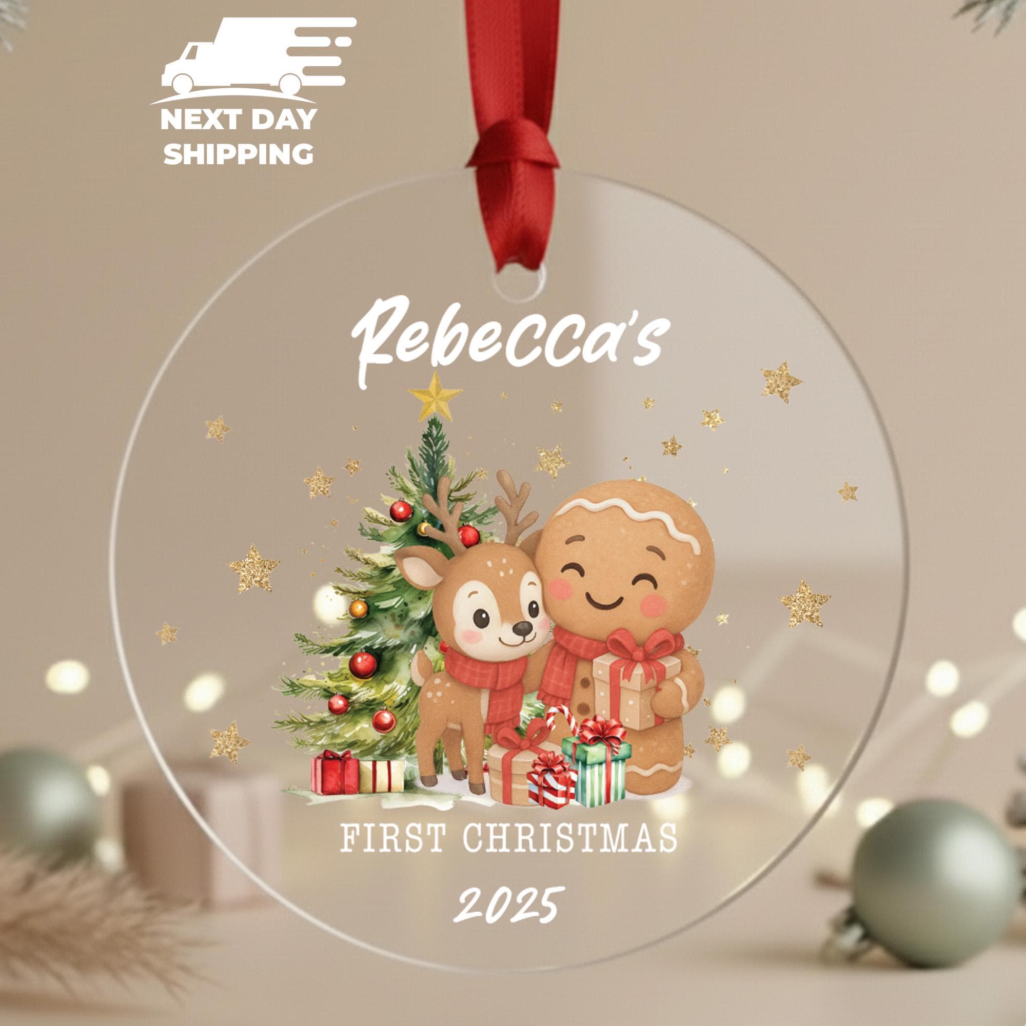 Personalized Name Gingerbread and Fawn Ornament, Custom Baby First Christmas Ornament, Holiday Keepsake, Christmas Tree Decoration