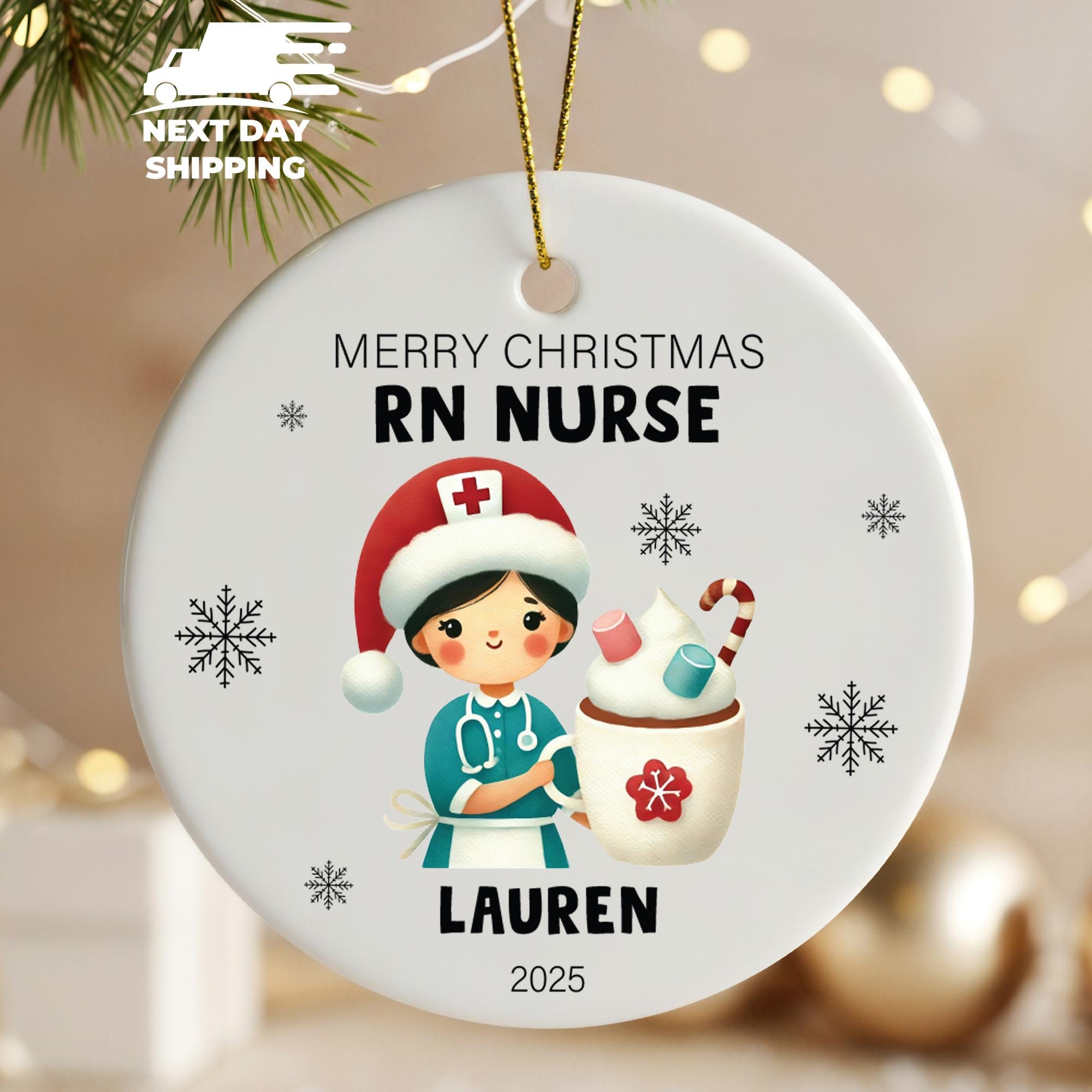 Merry Christmas RN Nurse Ornament • Personalized Nurse Gift 2025 • Cute Male Nurse Holiday Keepsake • Custom Name Glass Ceramic Acrylic Deco