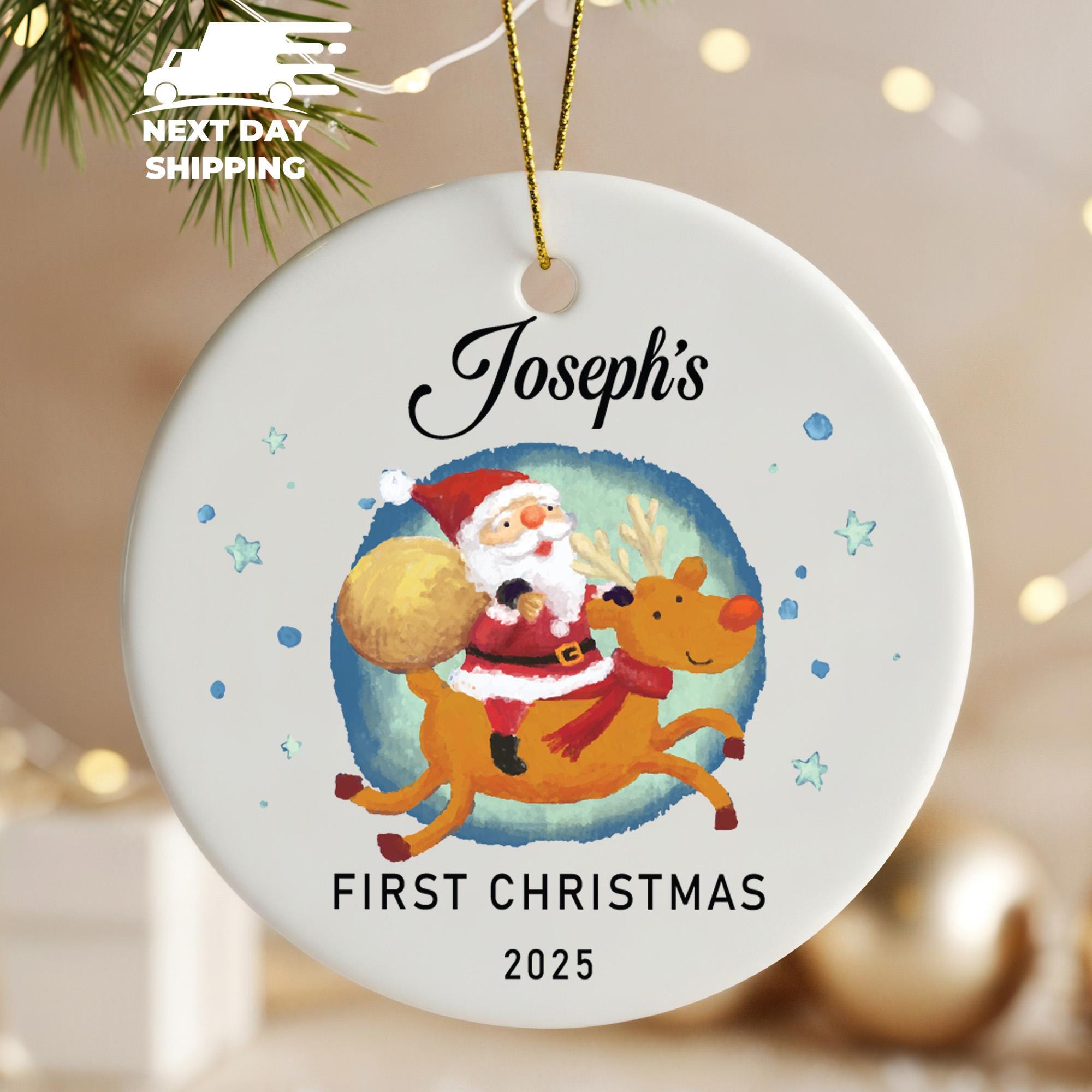 Baby’s First Christmas Ornament 2025 • Personalized Santa and Reindeer Heart Ornament • Custom Name First Christmas Gift Keepsake